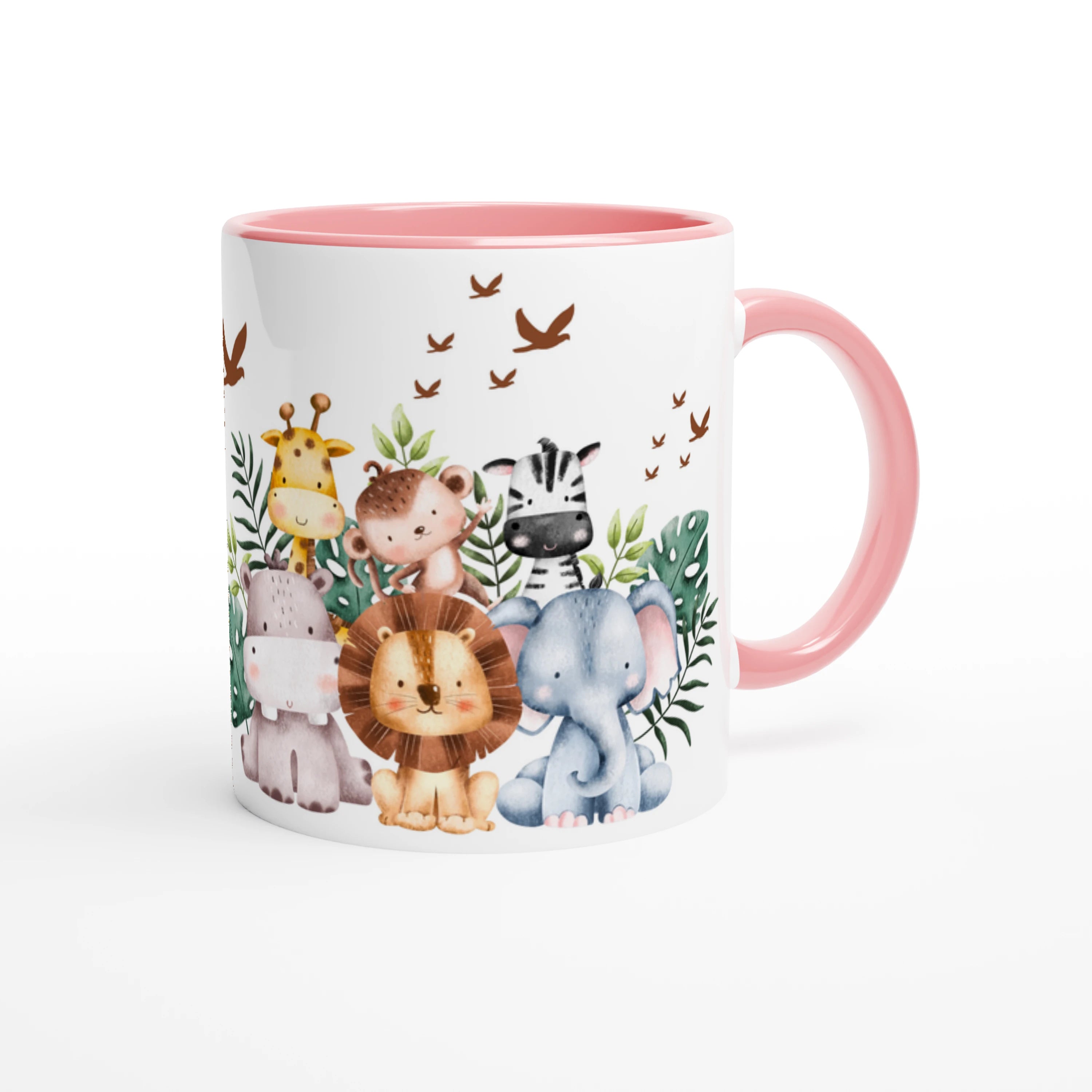 Mug personnalisé avec un zèbre mignon entouré de végétation, intérieur rose, une idée cadeau douce et charmante.