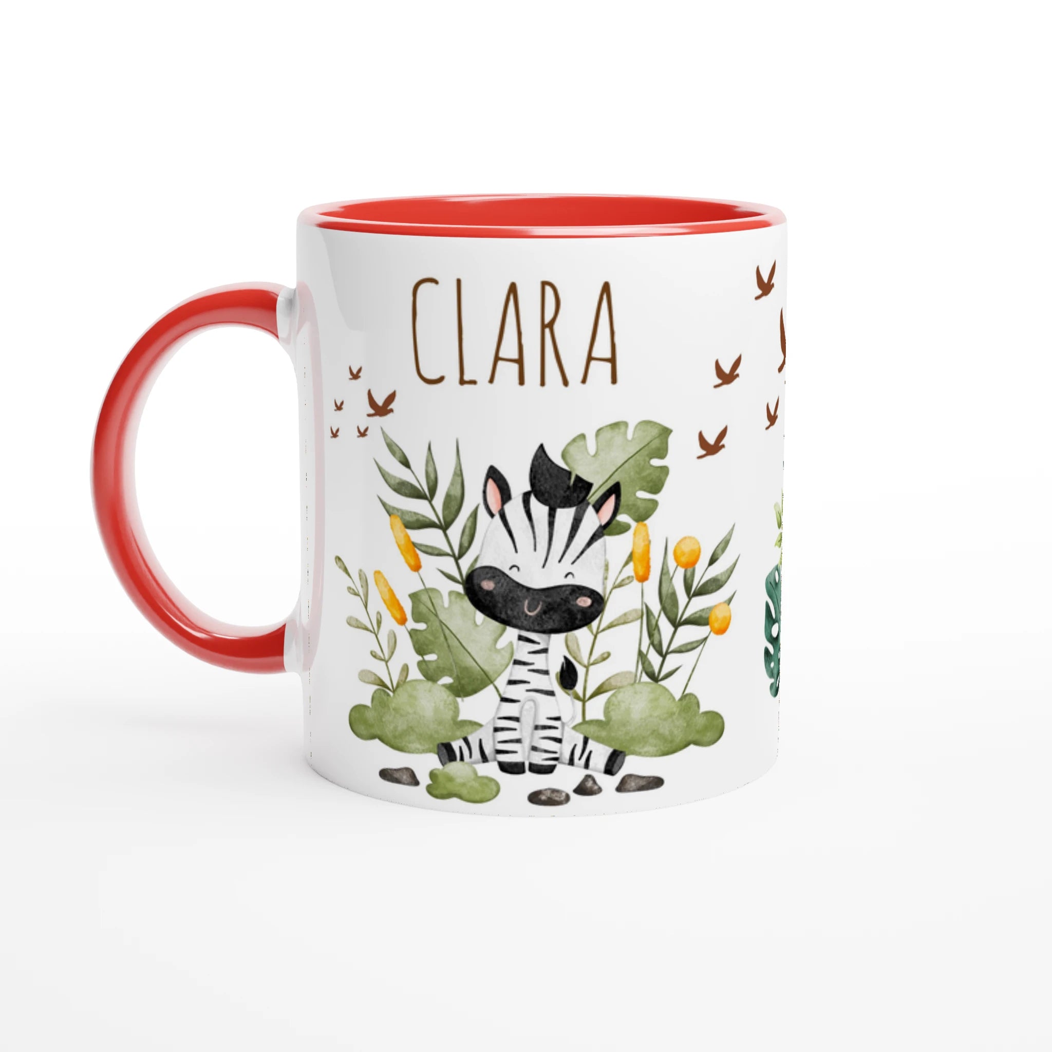 Mug personnalisé avec un zèbre joyeux et ses amis de la jungle, intérieur rouge, idéal pour un cadeau dynamique et captivant.