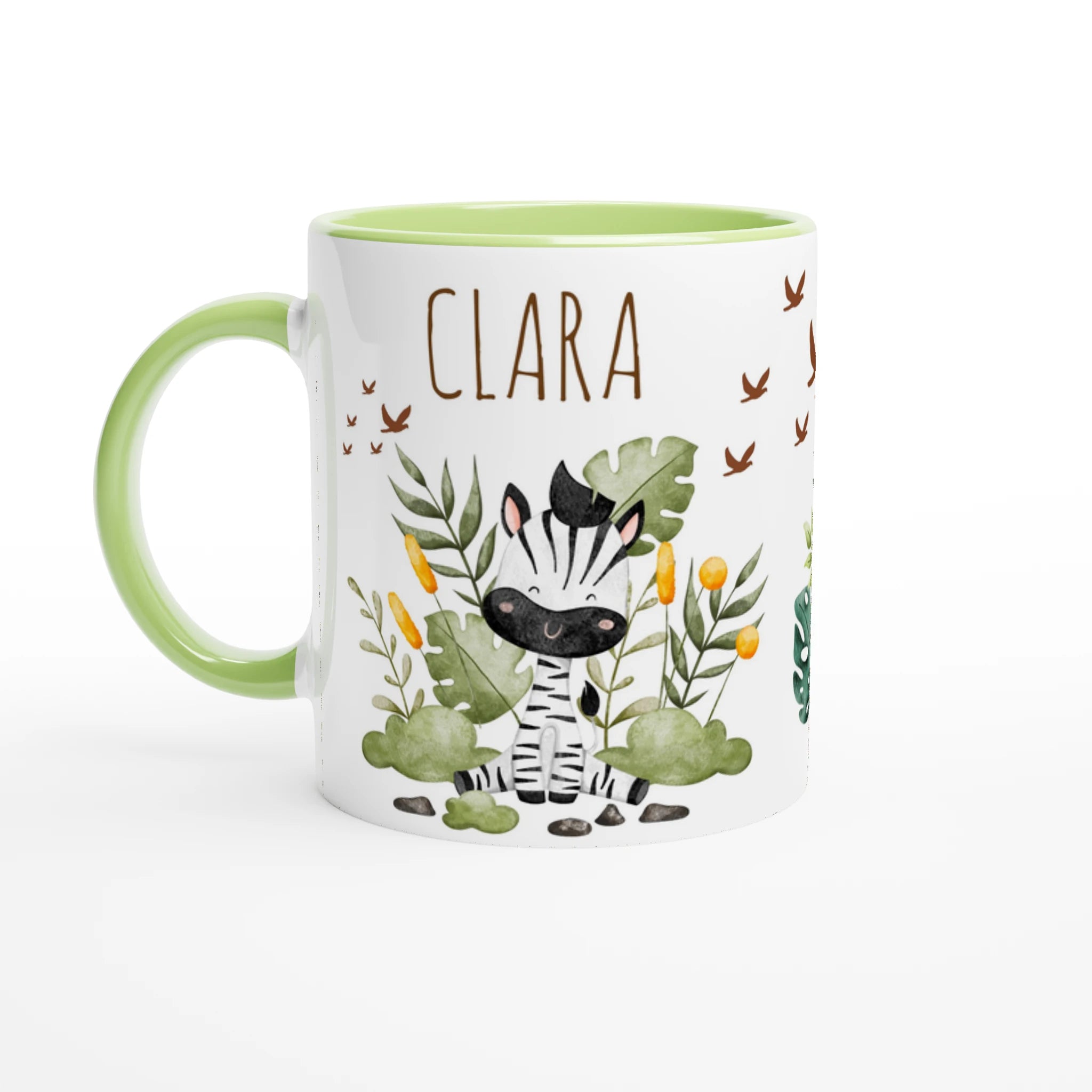 Mug personnalisé avec un zèbre au milieu d’une végétation luxuriante, intérieur vert, un cadeau nature et original.