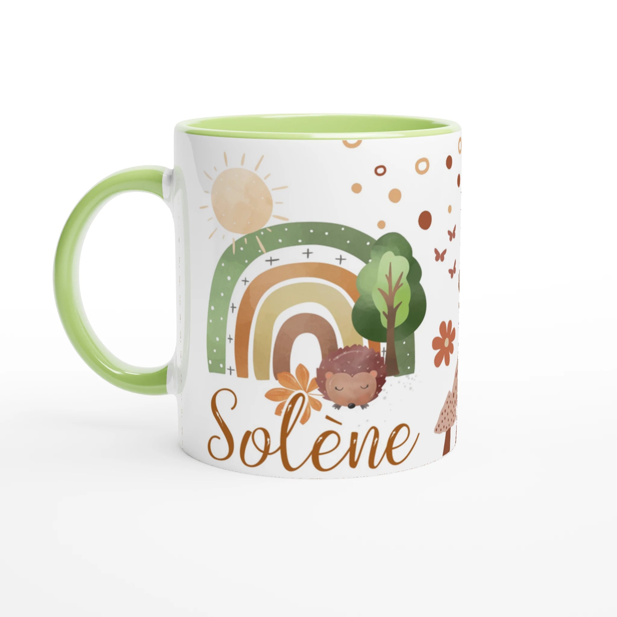 Tasse personnalisée avec motifs végétaux et petit hérisson, intérieur vert, un cadeau original et organique.