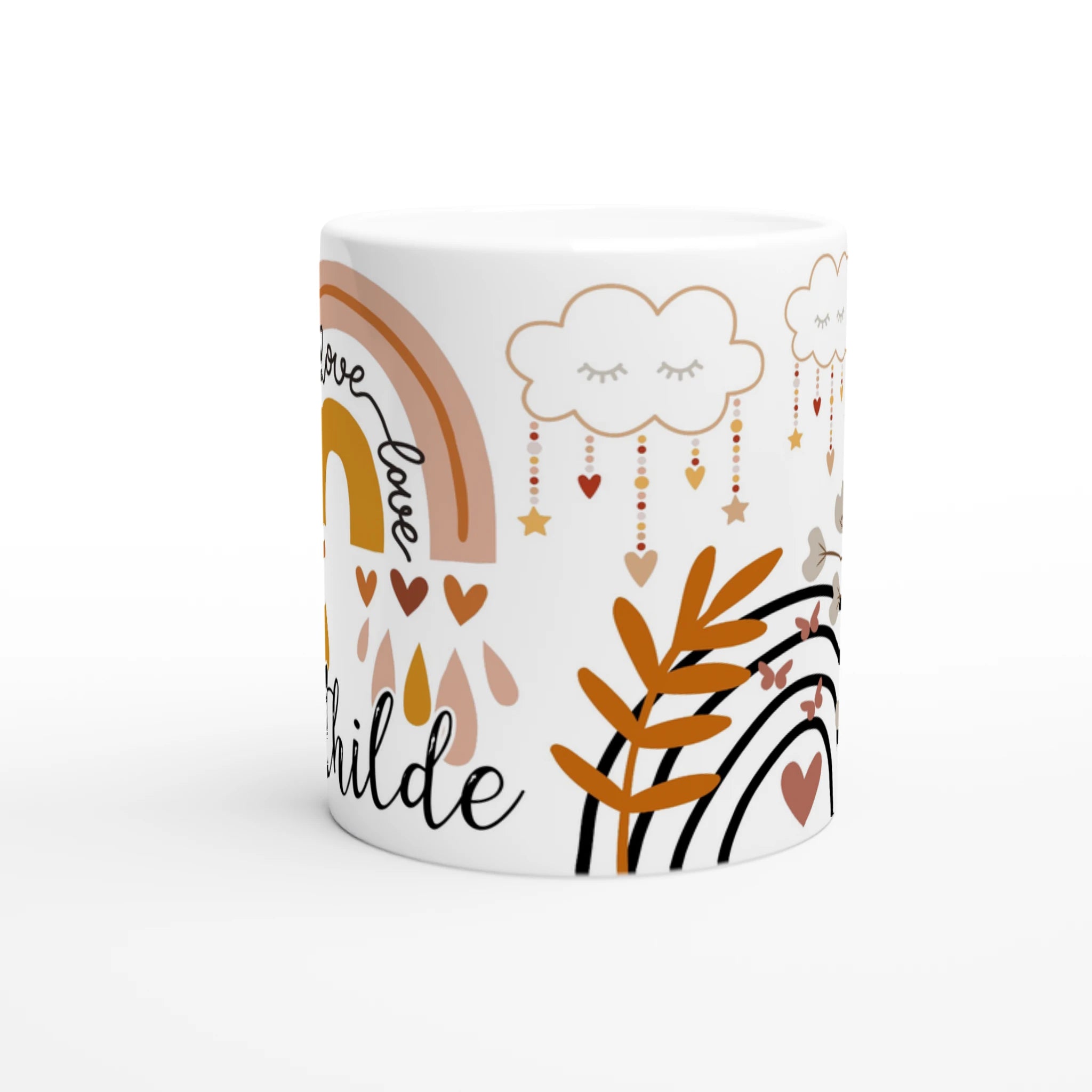 Mug personnalisé tout blanc avec arc-en-ciel bohème et message "love", idéal pour un cadeau chaleureux et inspirant.