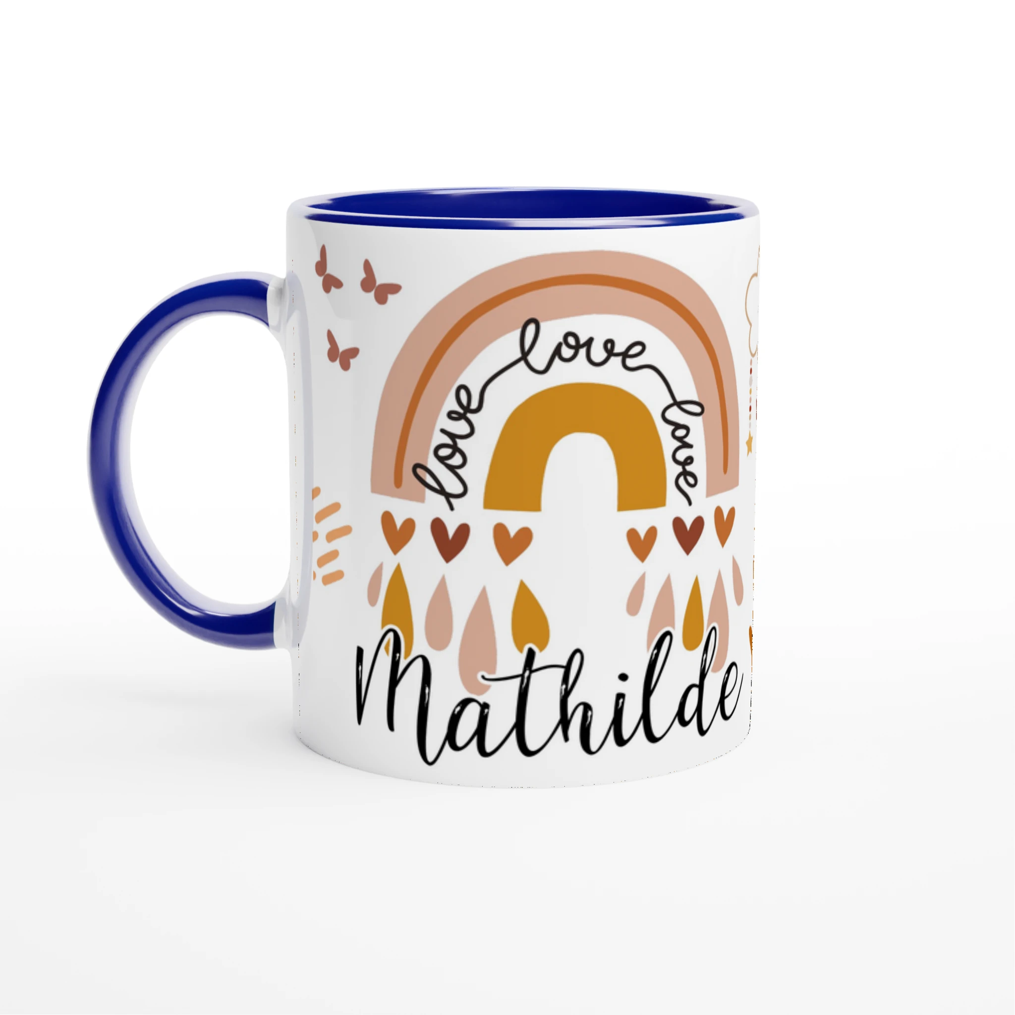 Mug personnalisé avec motifs bohèmes et ciel étoilé, intérieur bleu, parfait pour une décoration douce et poétique.