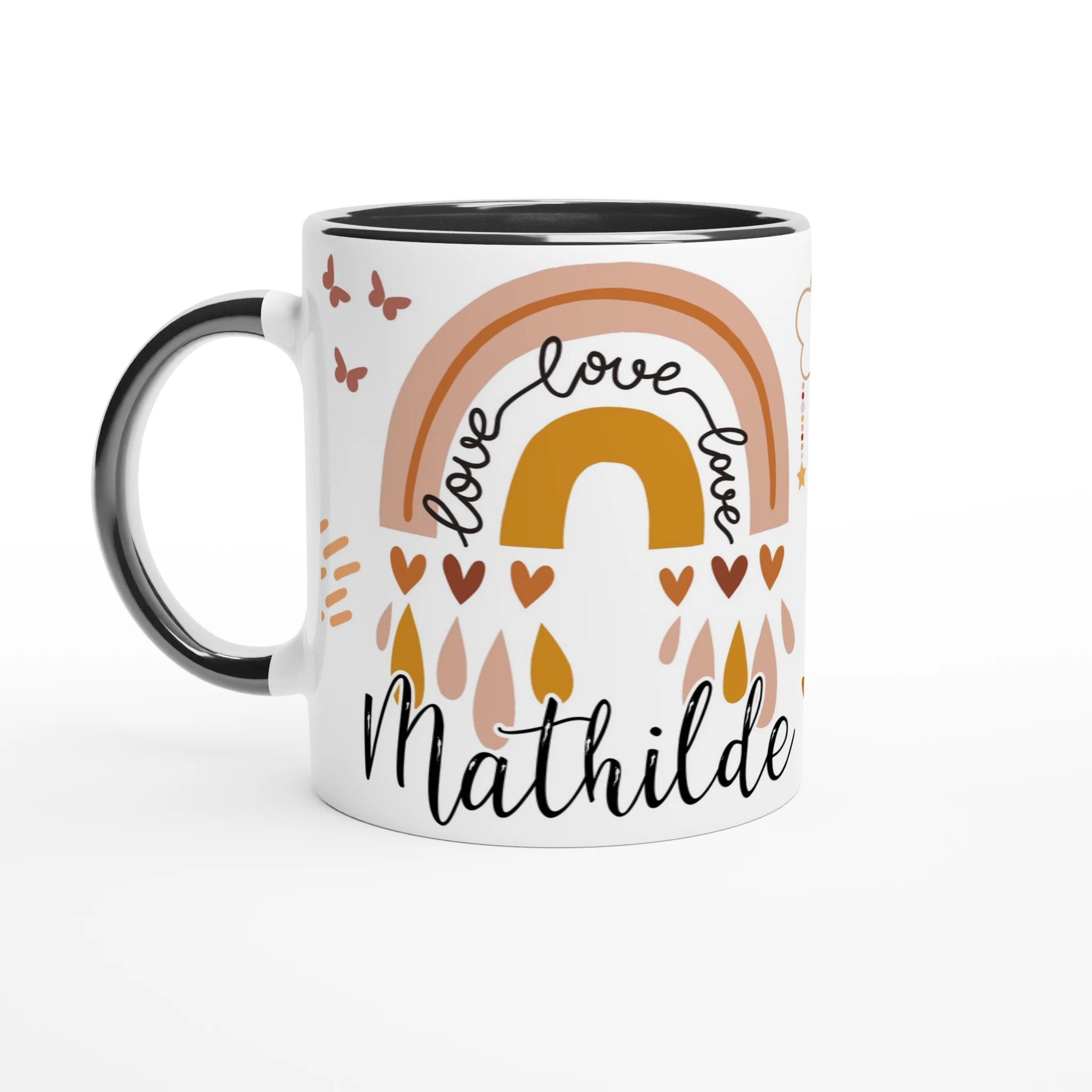 Mug personnalisé avec illustration arc-en-ciel artistique et détails élégants, intérieur noir, pour une touche moderne et raffinée.