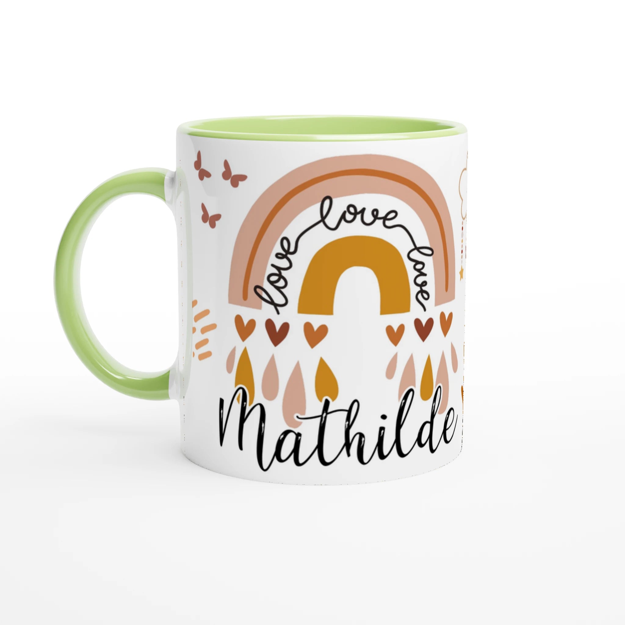 Tasse personnalisée avec éléments naturels et arc-en-ciel stylisé, intérieur vert, un cadeau apaisant et harmonieux.