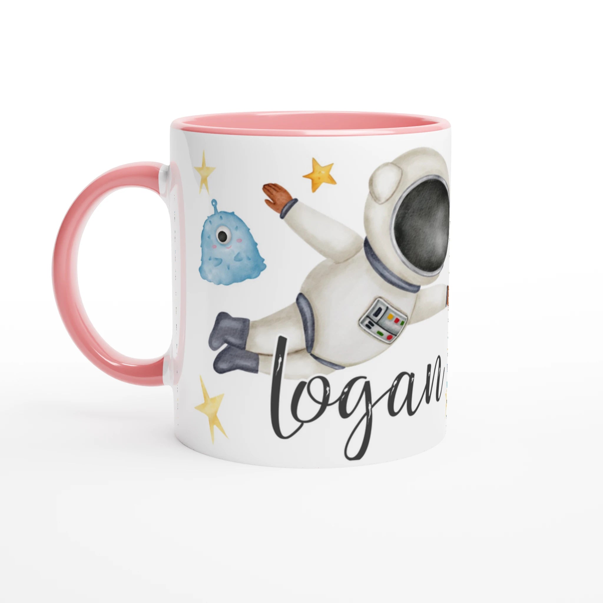 Tasse personnalisée avec explorateur spatial et planète Saturne, intérieur rose, parfaite pour un cadeau féerique.