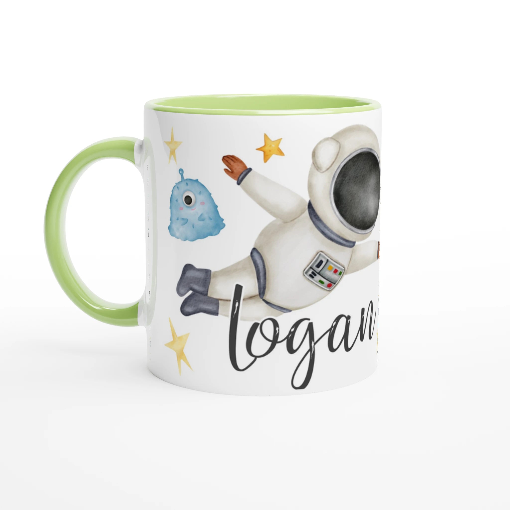 Tasse personnalisée avec dessin de cosmonaute et vaisseaux spatiaux, intérieur vert, un cadeau original et inspirant.
