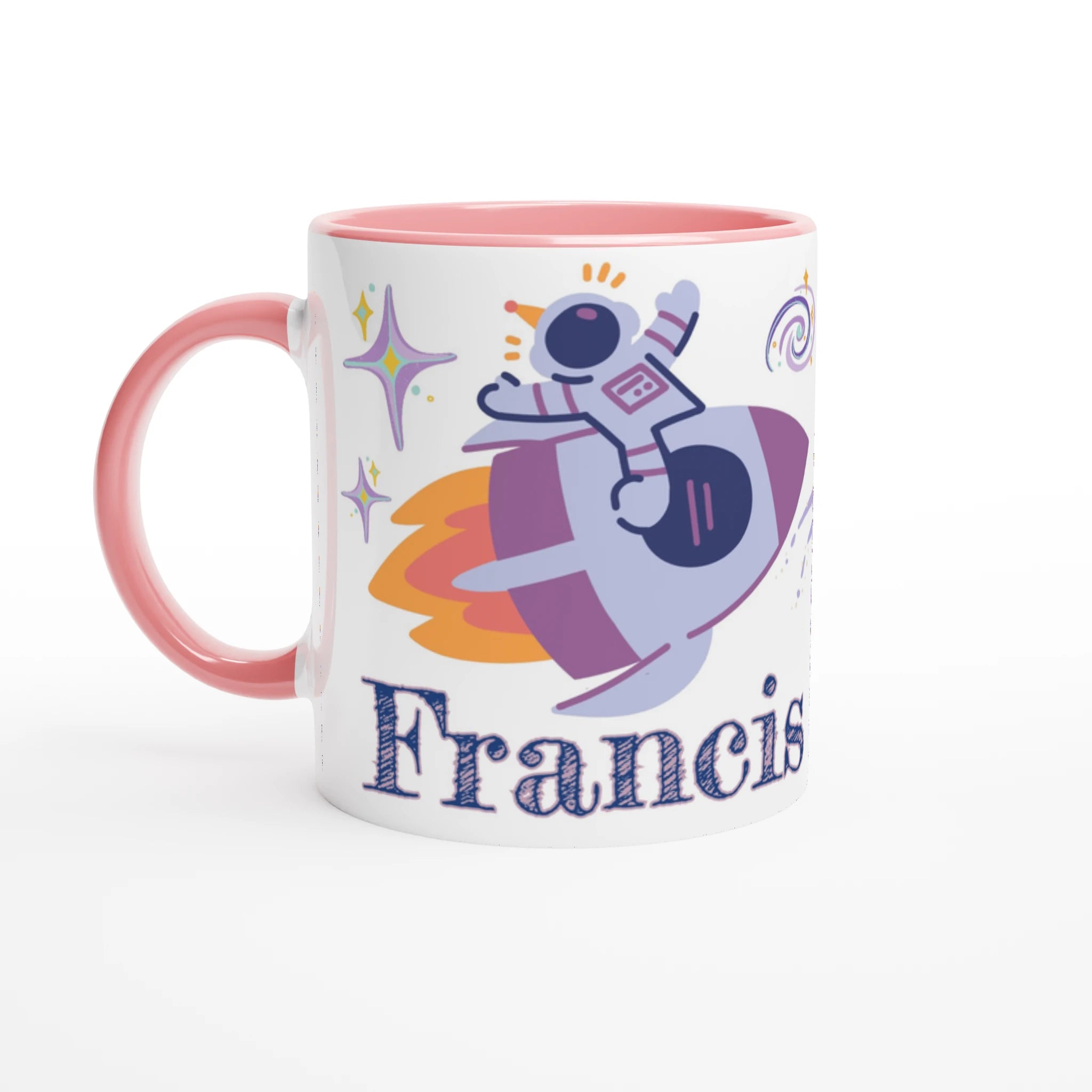 Tasse personnalisée avec cosmonaute et étoiles, intérieur rose, parfaite pour un cadeau féerique pour enfant.