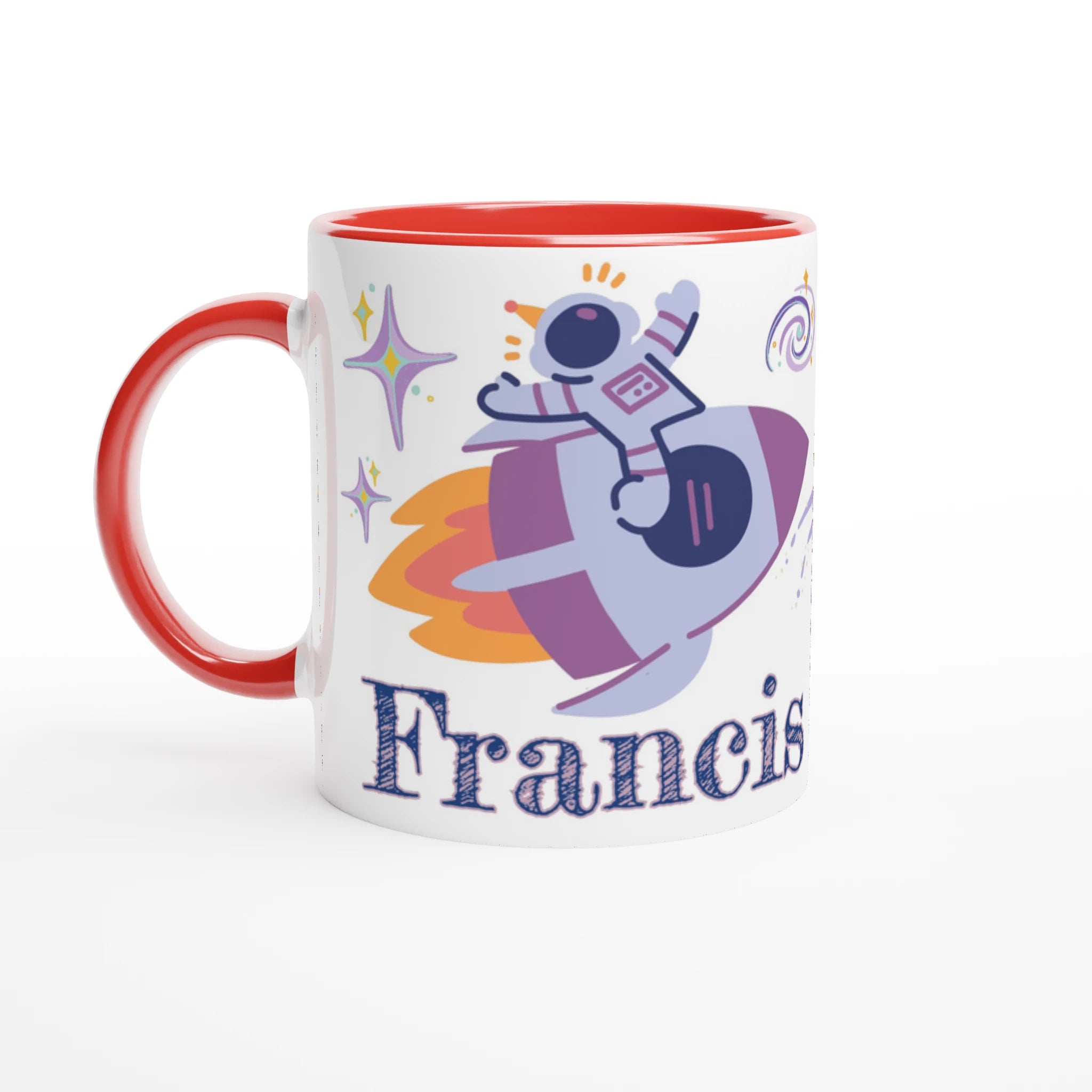 Mug personnalisé avec fusée et étoile filante, intérieur rouge, parfait pour un cadeau dynamique et unique.