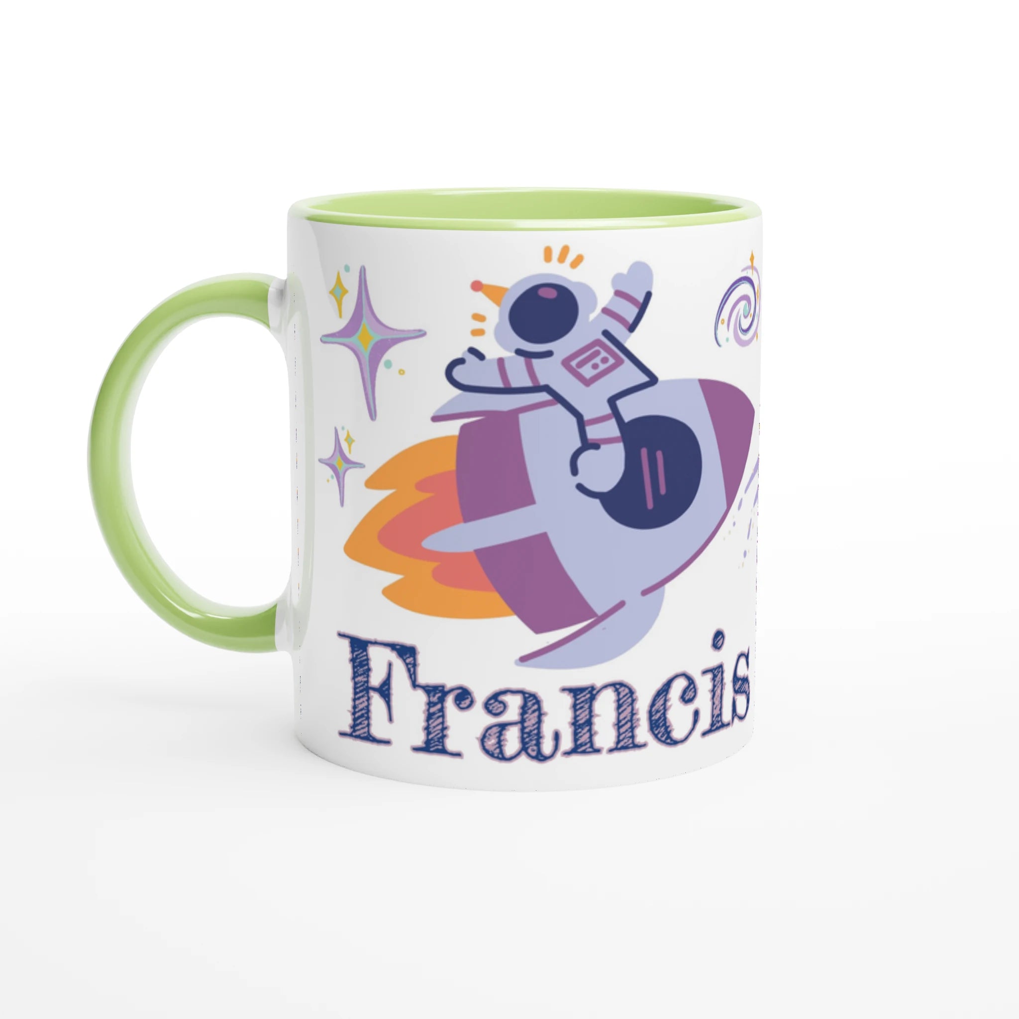 Tasse personnalisée avec dessin d’astronaute dans l’espace, intérieur vert, un cadeau original et ludique.