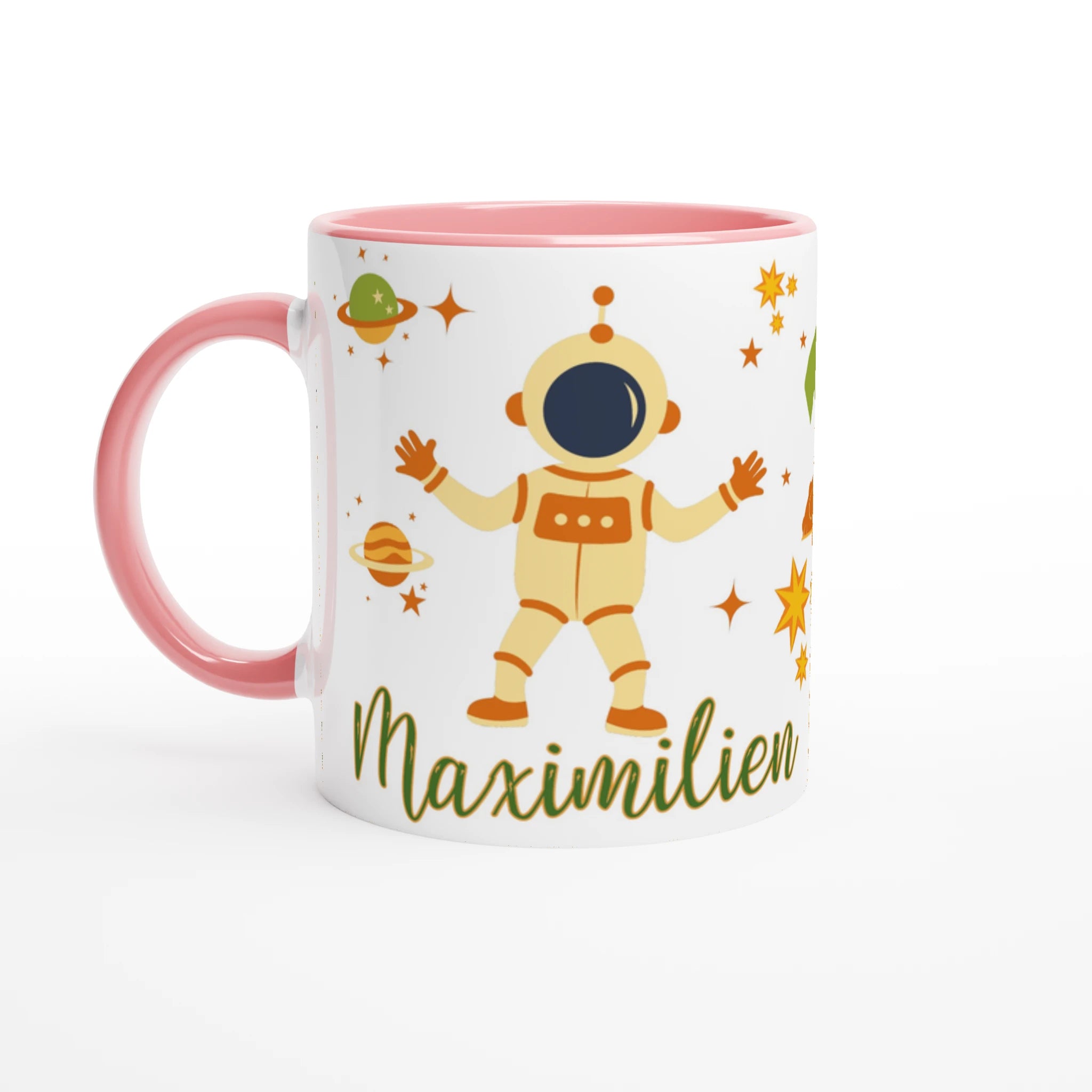Tasse personnalisée avec explorateur de l’espace et étoiles, intérieur rose, idéale pour un cadeau féerique.