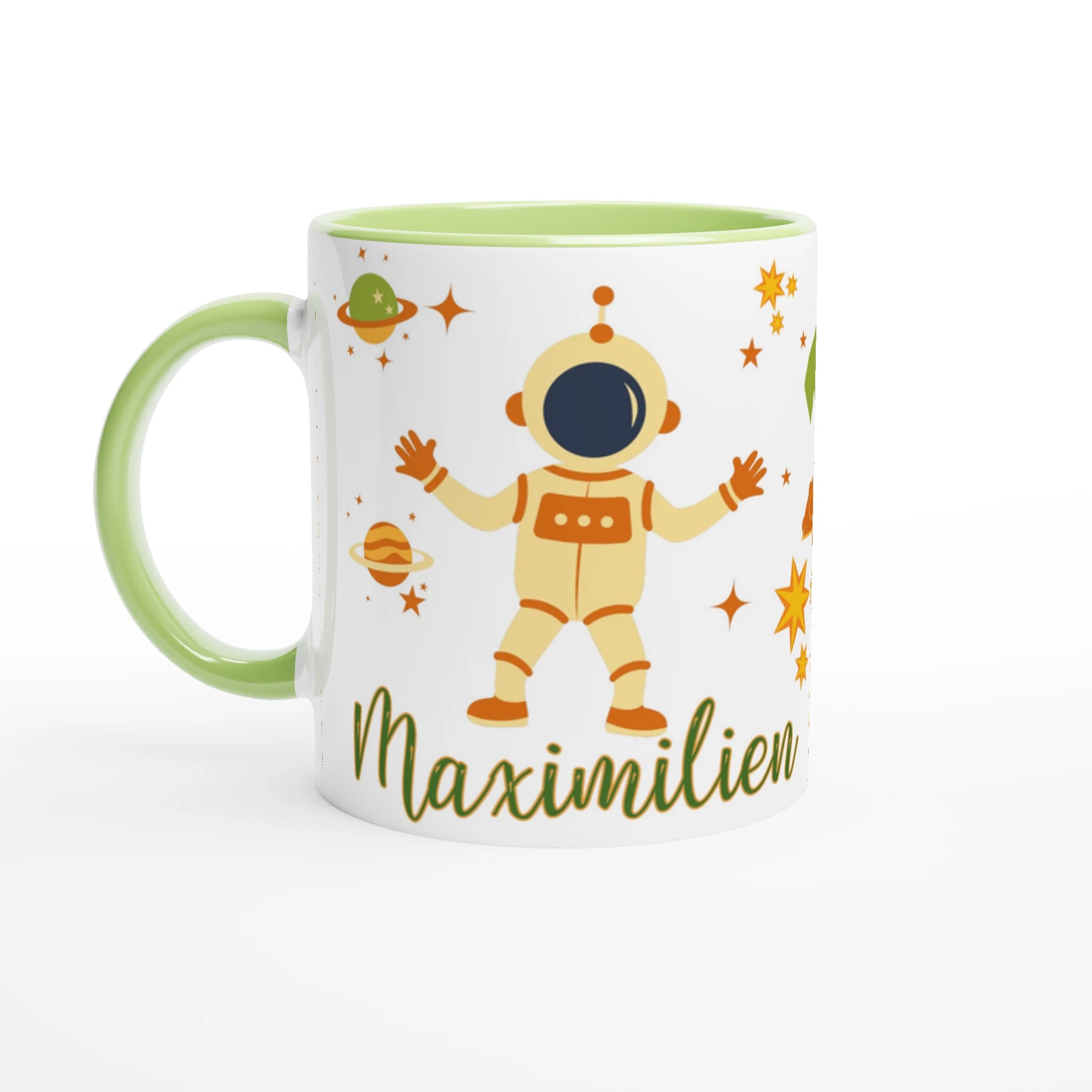 Tasse personnalisée avec cosmonaute et soucoupe volante, intérieur vert, un cadeau original et ludique.