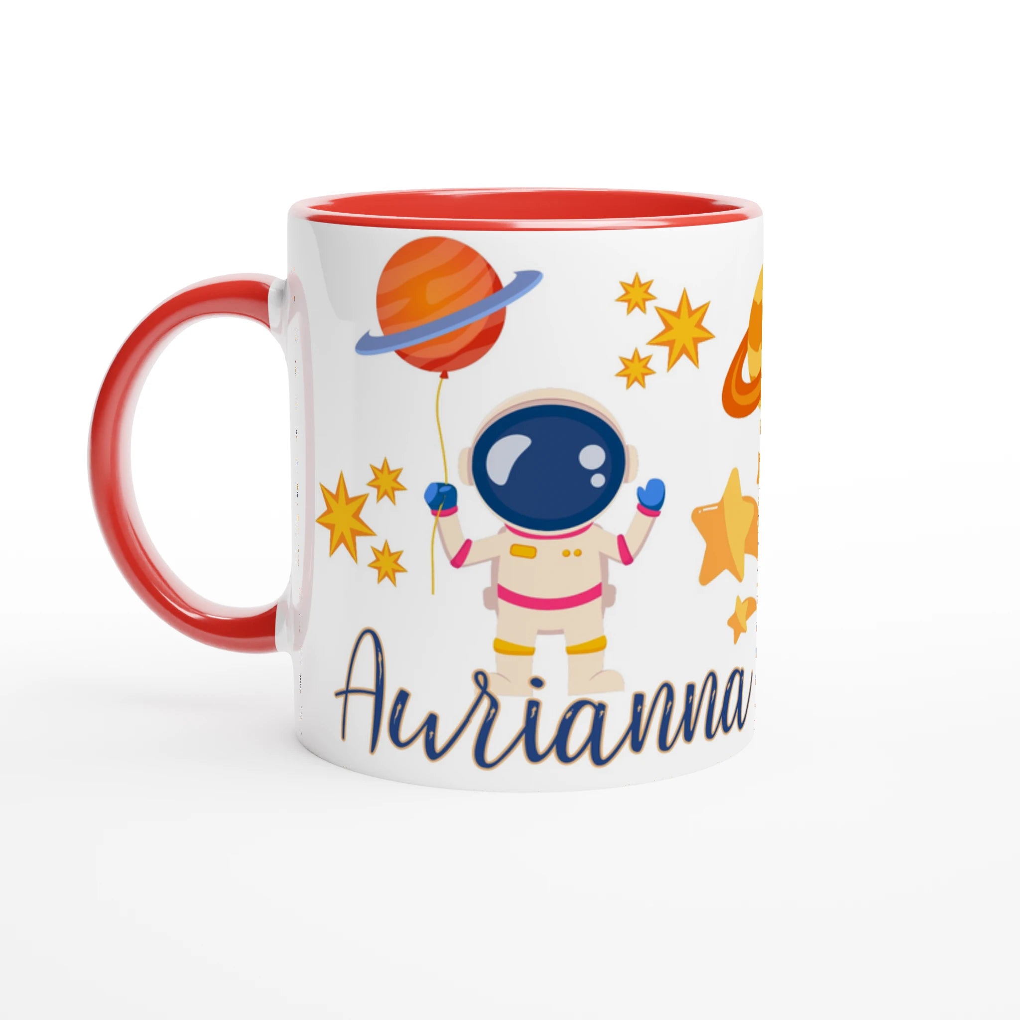 Mug personnalisé avec fusée et étoiles filantes, intérieur rouge, parfait pour un cadeau dynamique et unique.