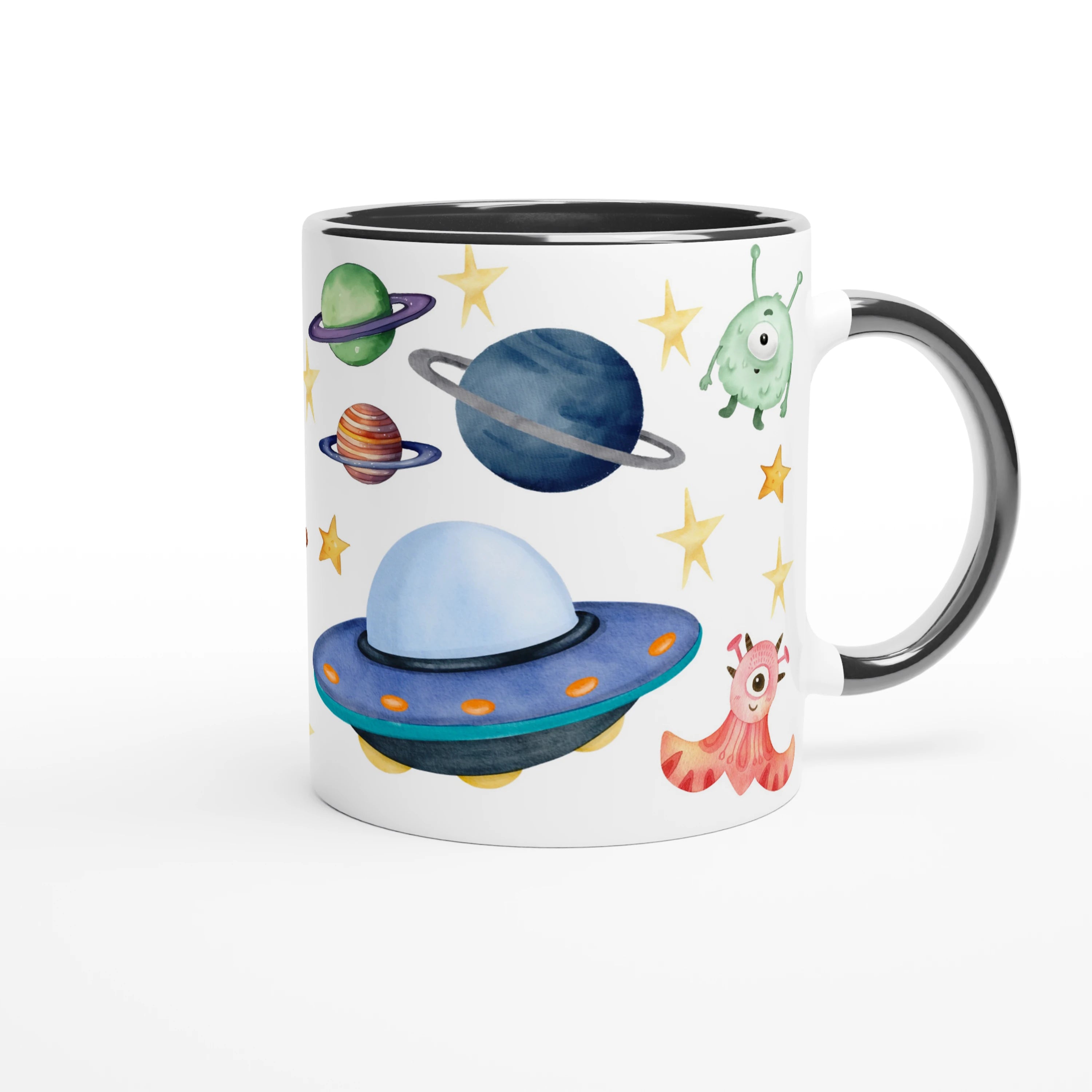 Mug personnalisé avec astronaute et soucoupe volante, intérieur noir, pour une touche élégante et mystérieuse.