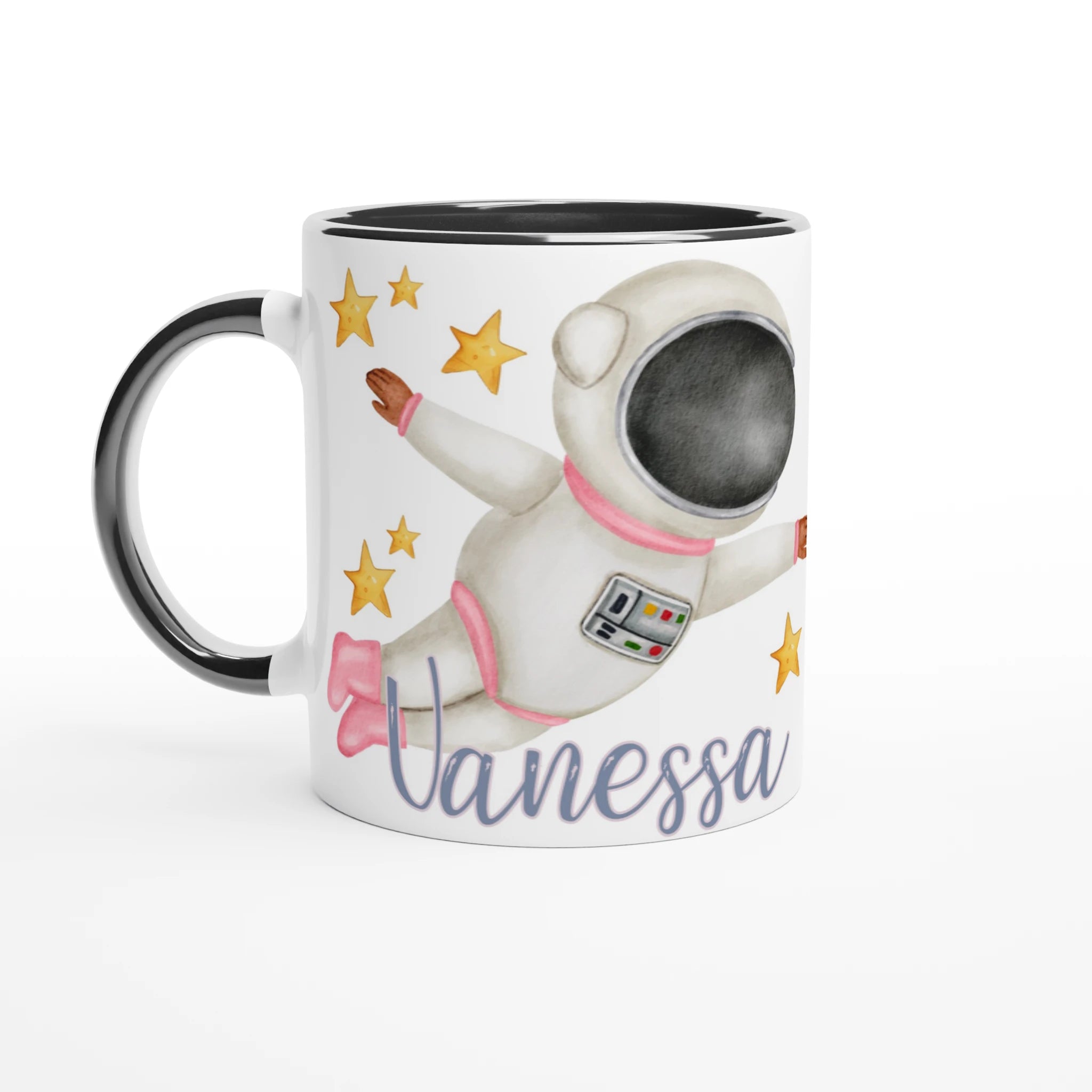 Mug personnalisé avec astronaute et soucoupe volante, intérieur noir, pour une touche élégante et mystérieuse.