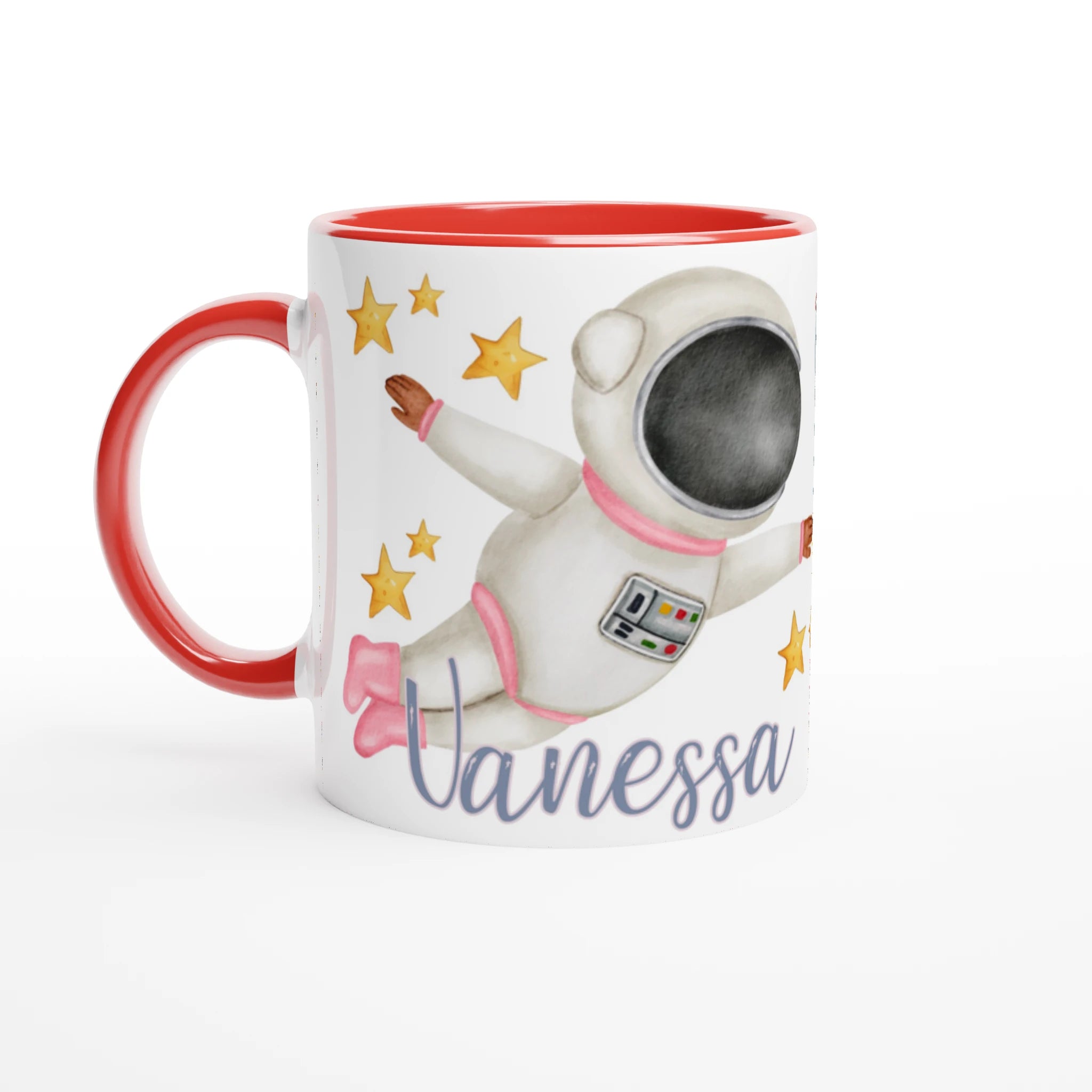 Mug personnalisé avec astronaute et décor spatial, intérieur rouge, parfait pour un cadeau dynamique et unique.
