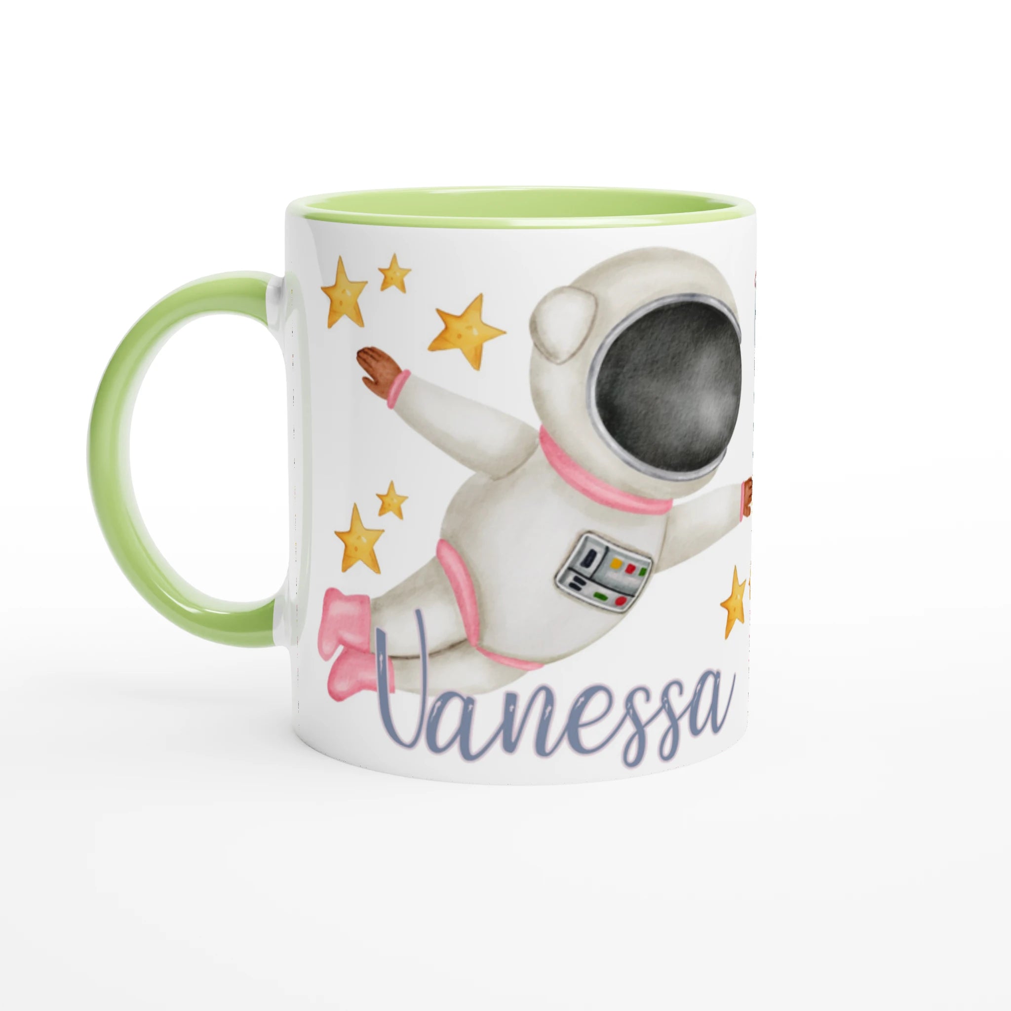 Tasse personnalisée avec dessin de cosmonaute et planète, intérieur vert, un cadeau original et apaisant.