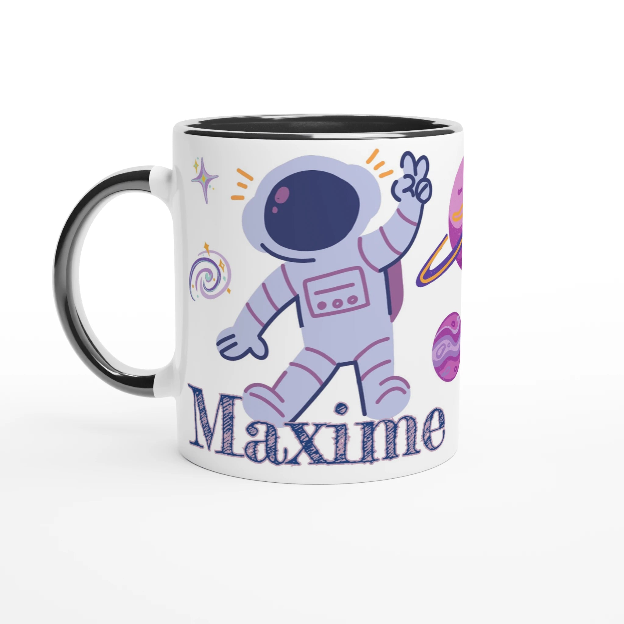 Mug personnalisé avec explorateur spatial et soucoupe volante, intérieur noir, pour une touche élégante et mystérieuse.