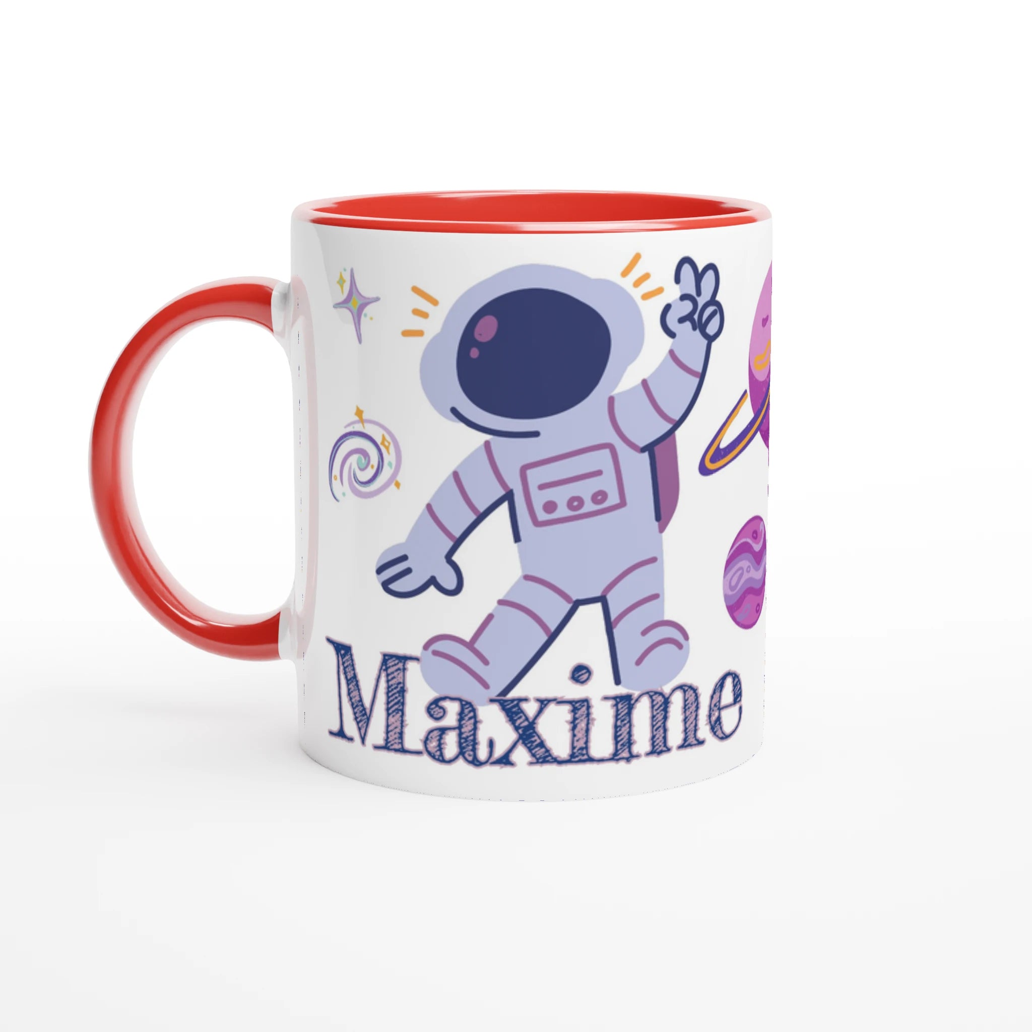 Mug personnalisé avec soucoupe volante et étoiles filantes, intérieur rouge, parfait pour un cadeau dynamique et unique.