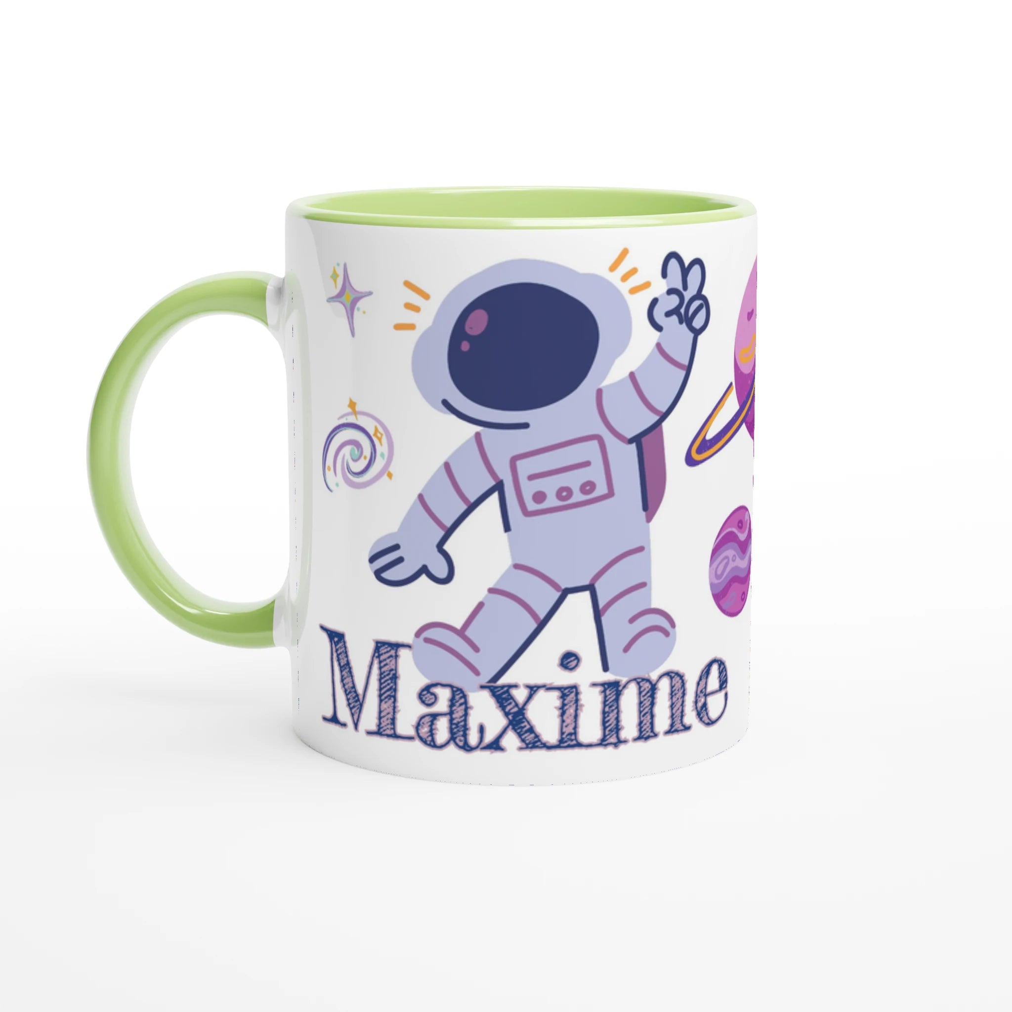 Tasse personnalisée avec dessin de fusée et planète Saturne, intérieur vert, un cadeau original et apaisant.
