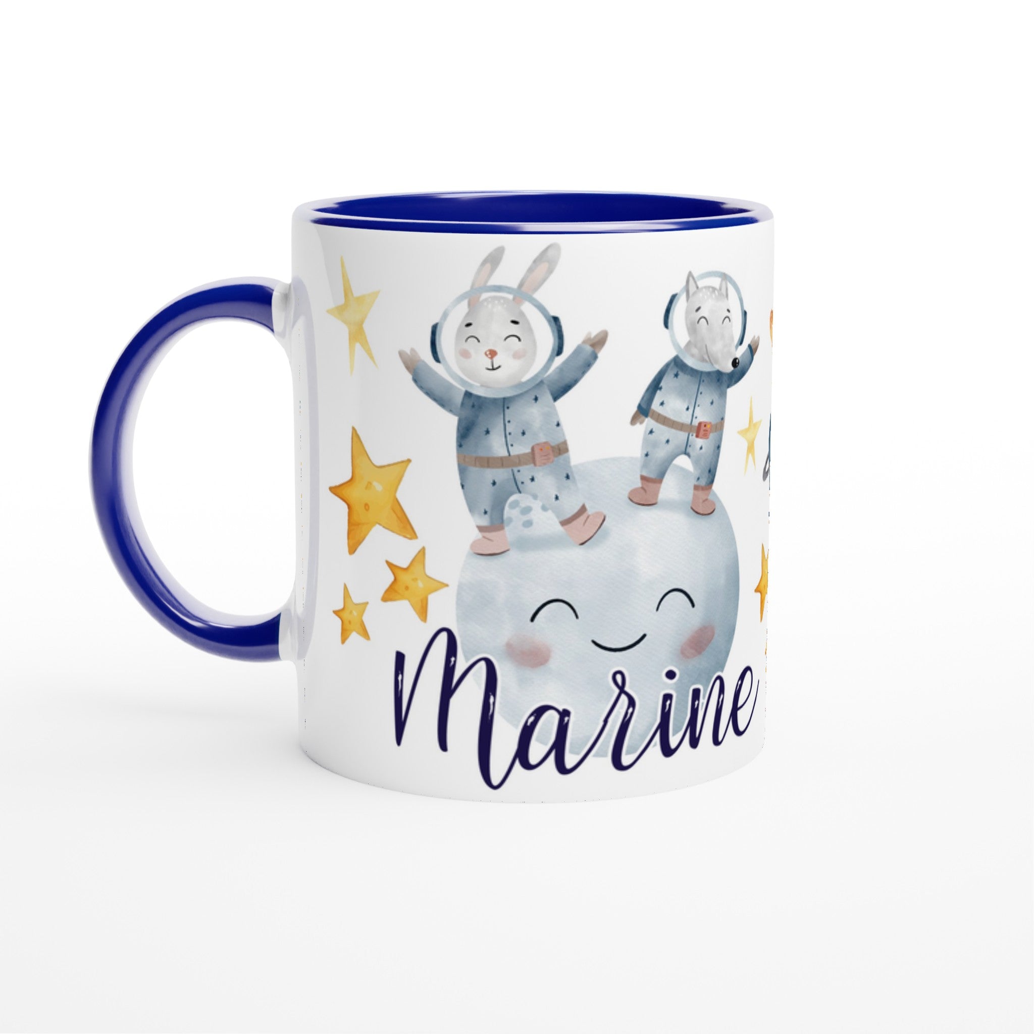 Mug personnalisé avec lapins explorateurs de l’espace, intérieur bleu, idéal pour un petit passionné d’astronomie.