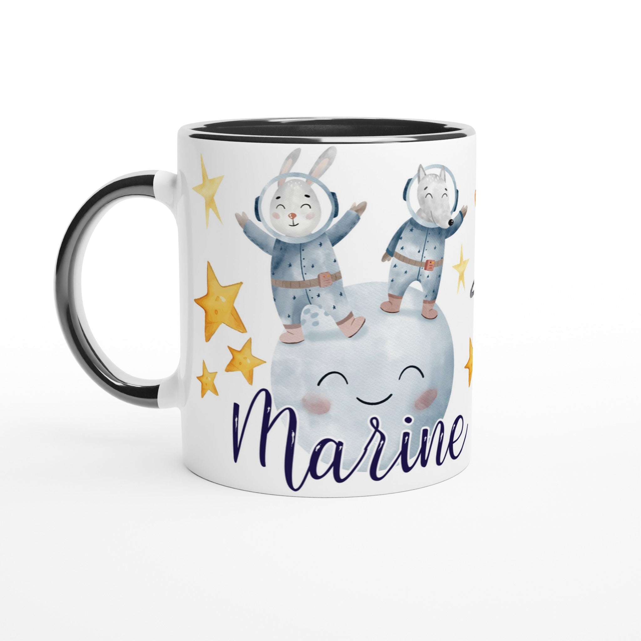 Mug personnalisé avec lapins et planètes, intérieur noir, pour une touche élégante et mystérieuse.