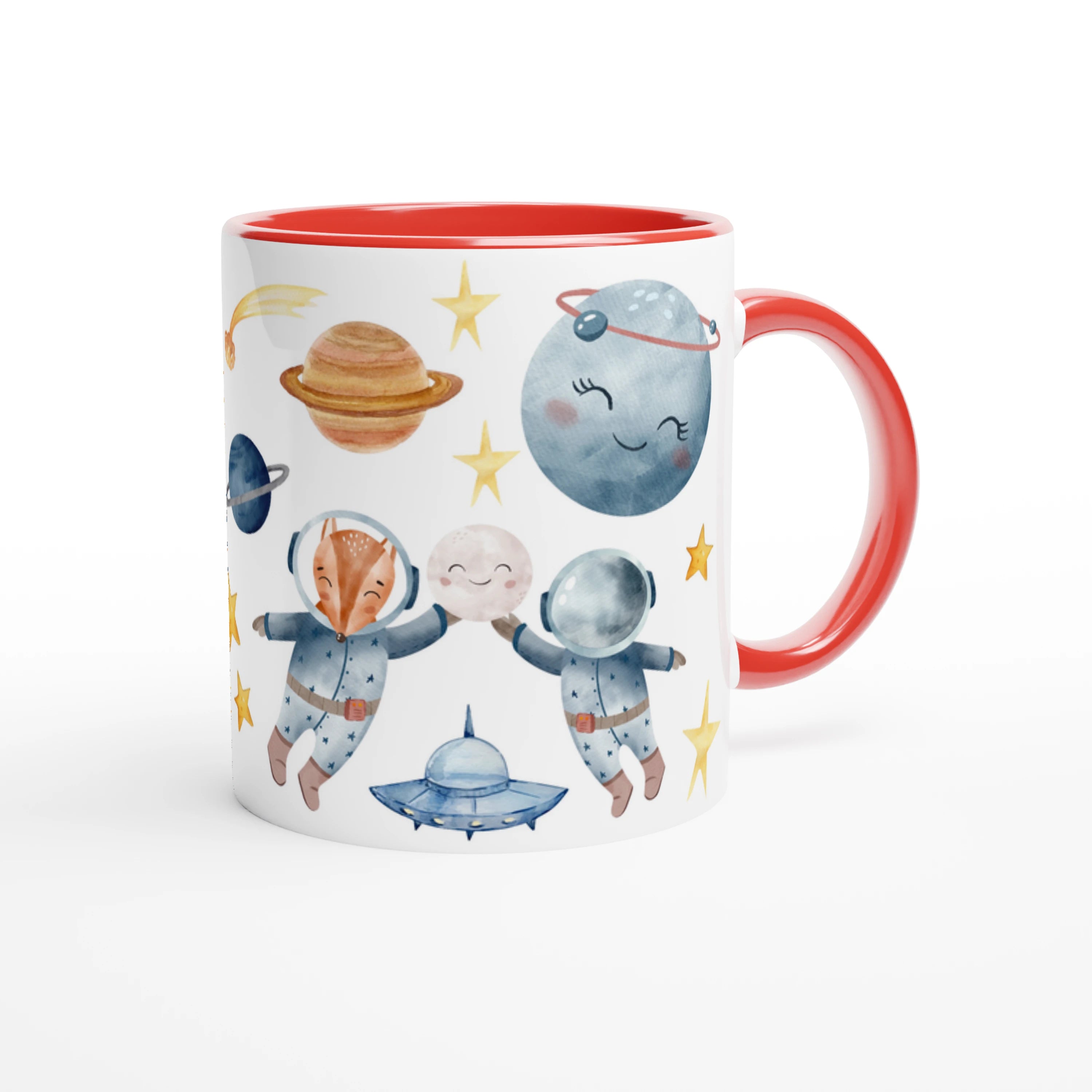 Mug personnalisé avec lapins flottant parmi les étoiles, intérieur rouge, parfait pour un cadeau dynamique et unique.