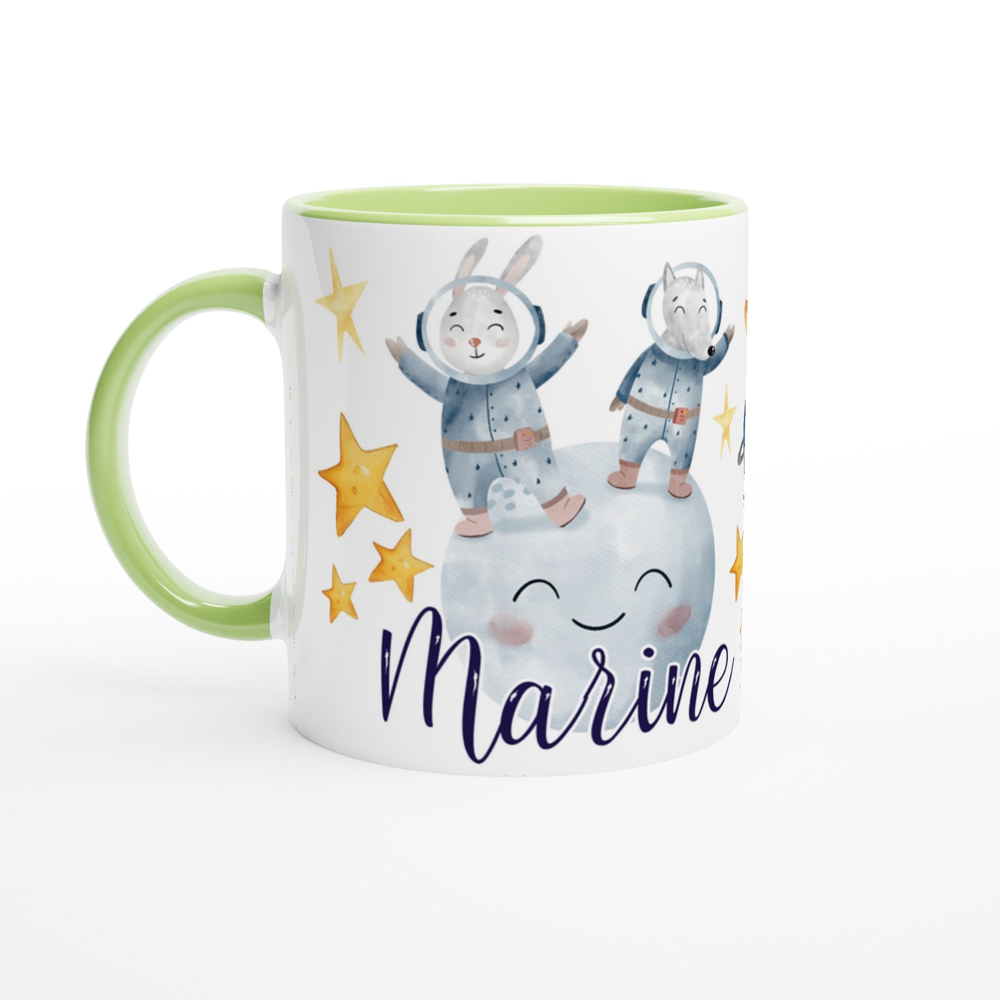 Tasse personnalisée avec dessin de lapins astronautes et soucoupes volantes, intérieur vert, un cadeau original et apaisant.