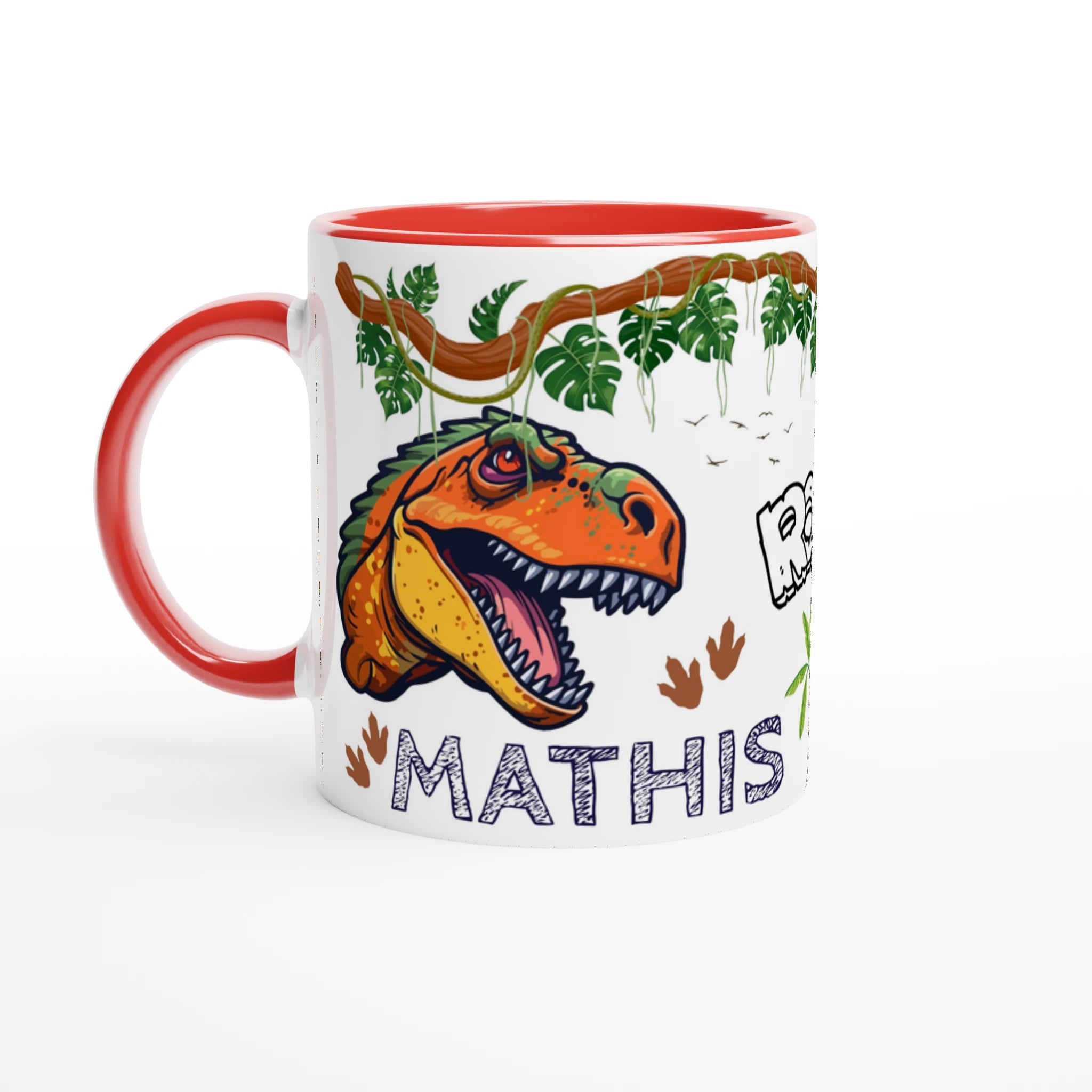 Mug personnalisé avec motif dinosaure T-Rex, intérieur rouge, cadeau idéal pour enfant.