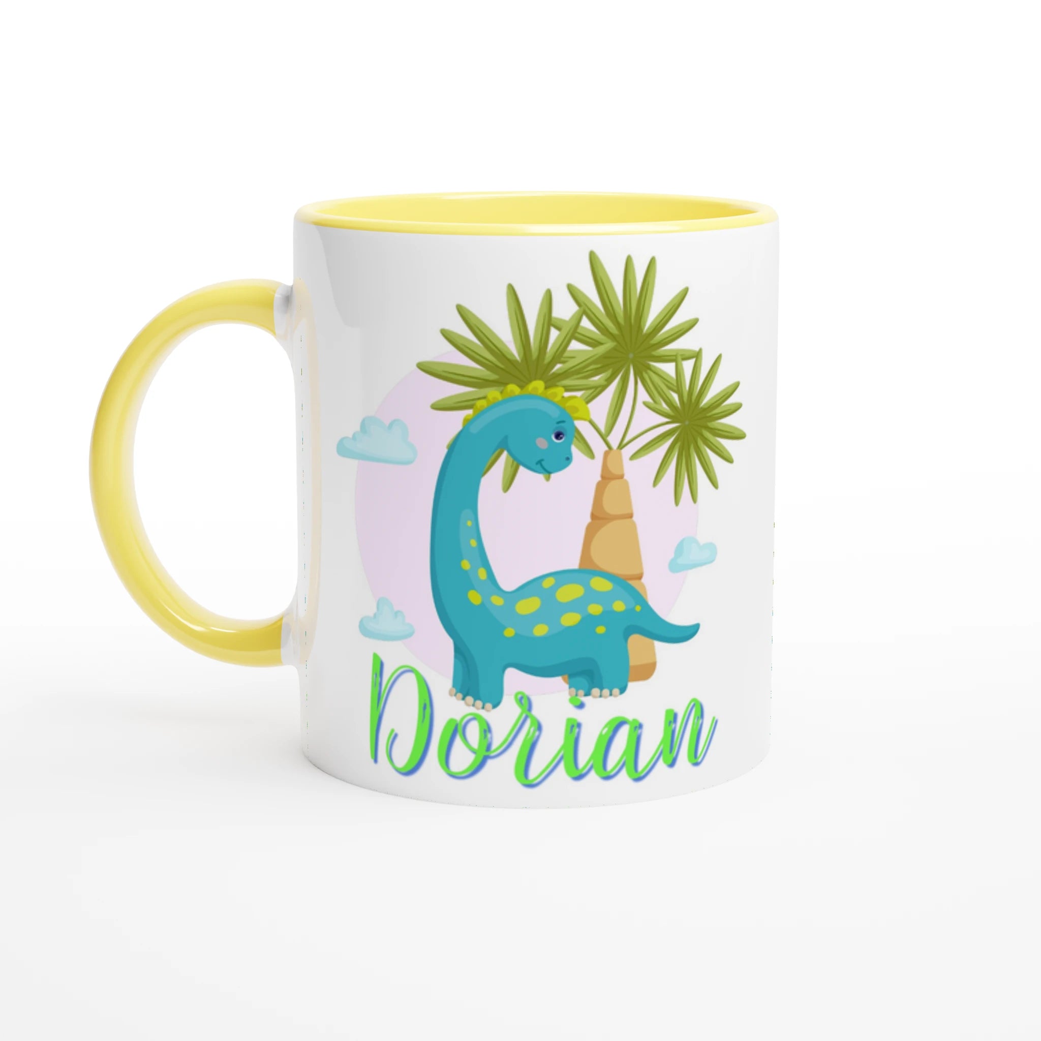 Mug personnalisé avec dinosaure bleu, intérieur jaune, parfait comme cadeau original pour enfant.