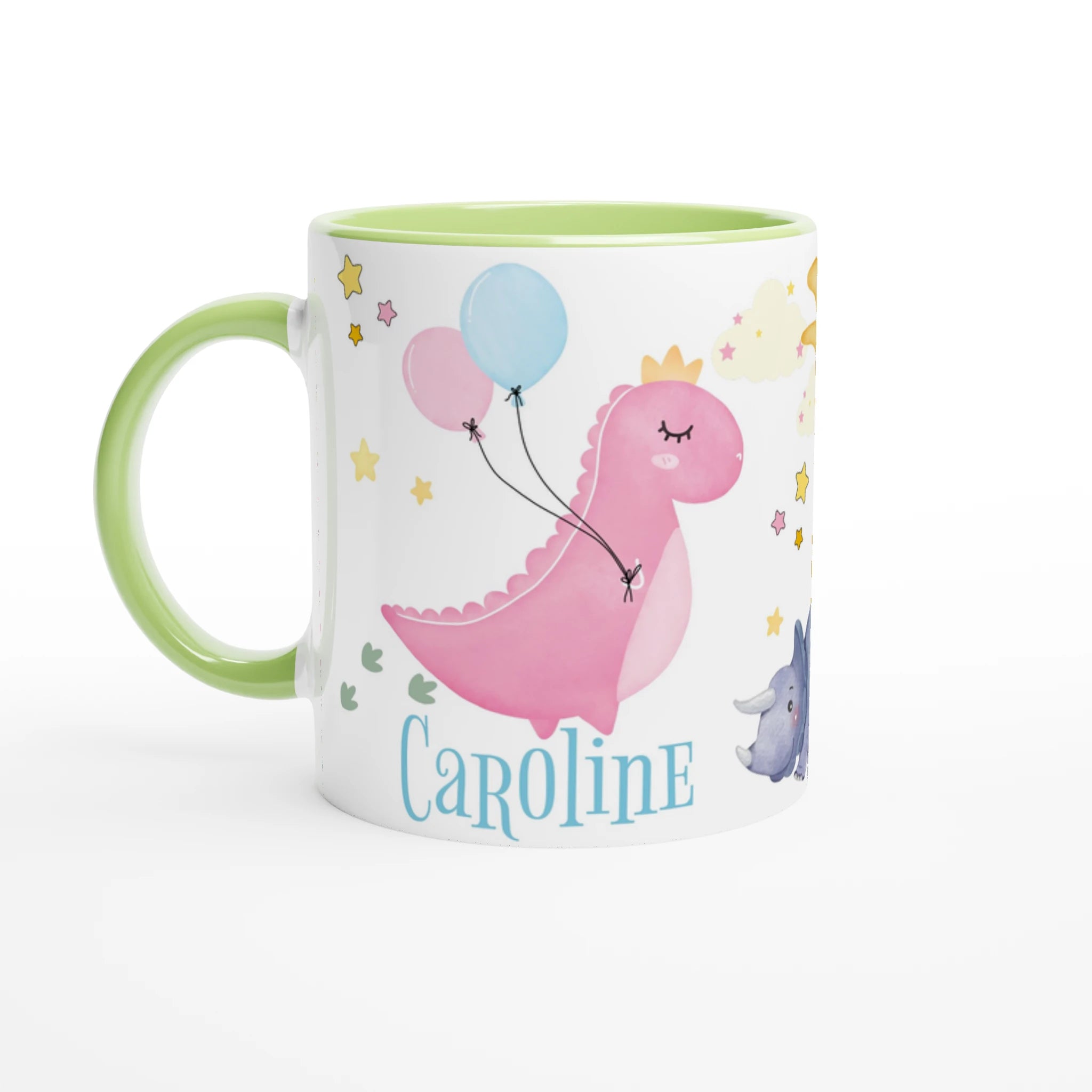 Mug dinosaure avec ballons et prénom personnalisé, intérieur vert, parfait comme cadeau mignon pour enfant.