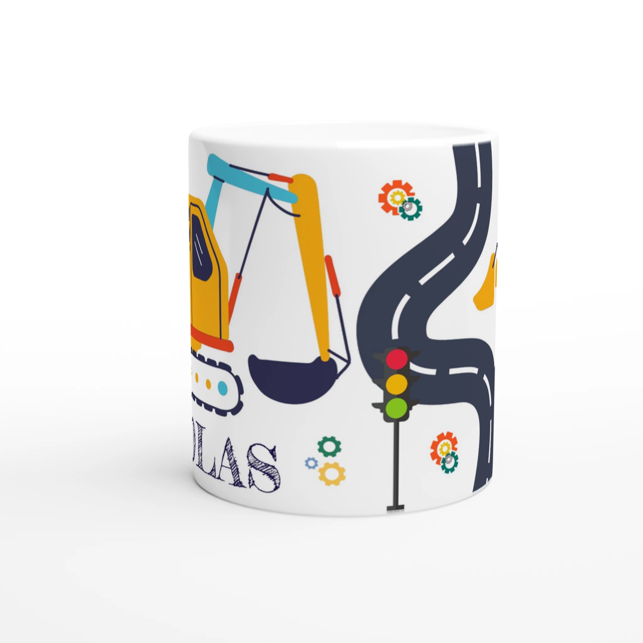 Mug personnalisé tout blanc avec engins de chantier et panneaux de construction, idéal pour un cadeau fun et original.