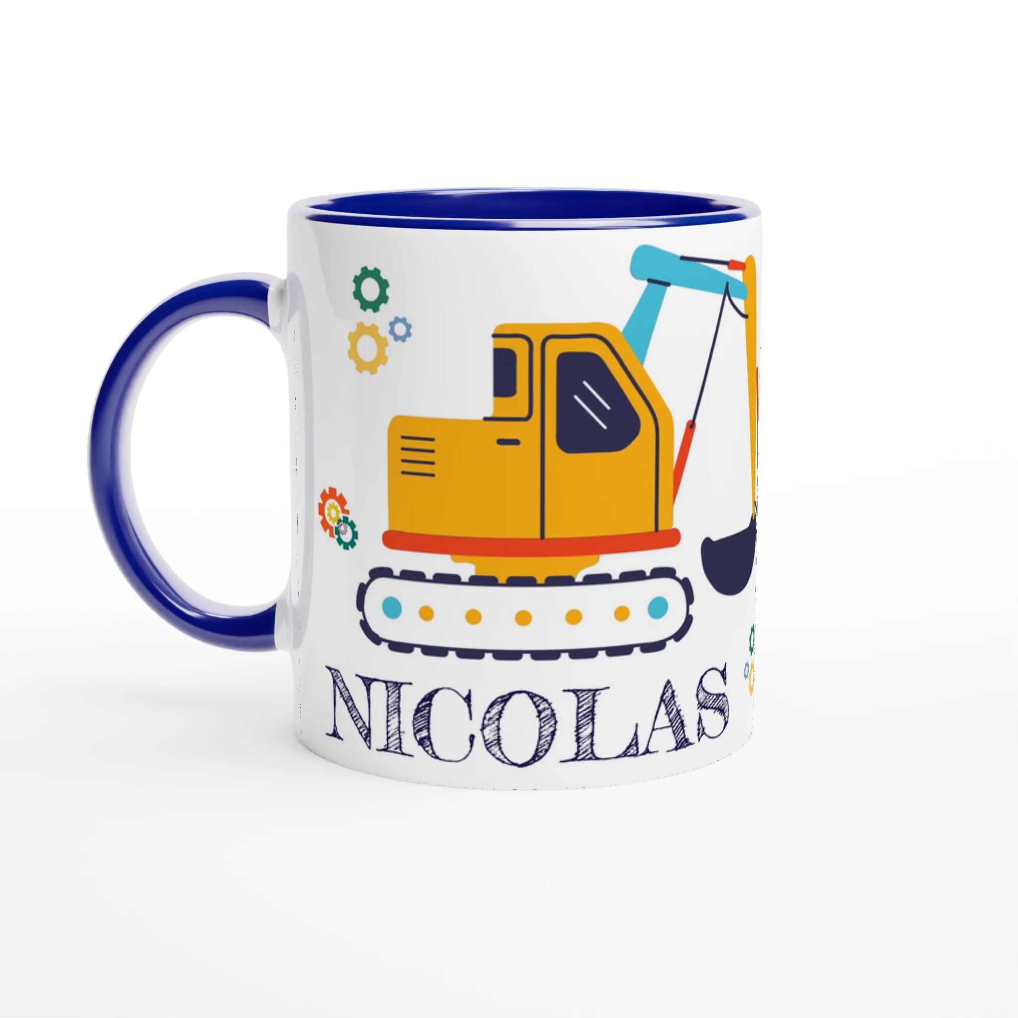 Mug personnalisé avec décor de chantier et panneaux sous construction, intérieur bleu, parfait pour un cadeau inspiré des travaux publics.