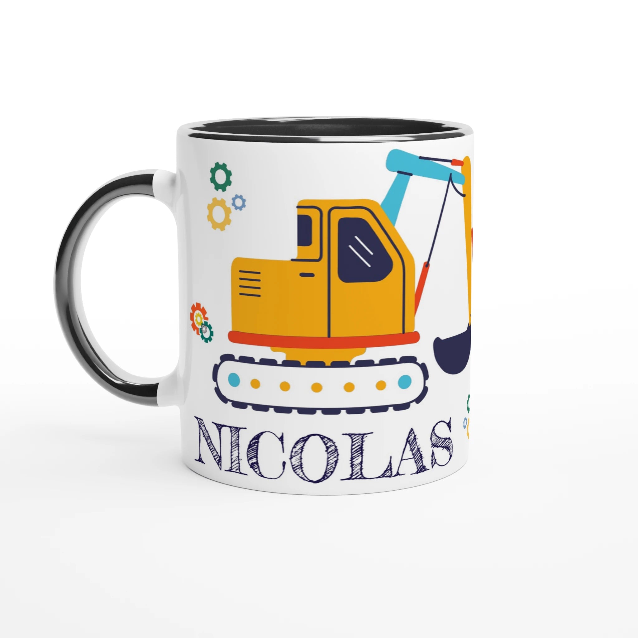Mug personnalisé avec motifs d’engins de construction et cônes de signalisation, intérieur noir, pour une touche moderne et contrastée.