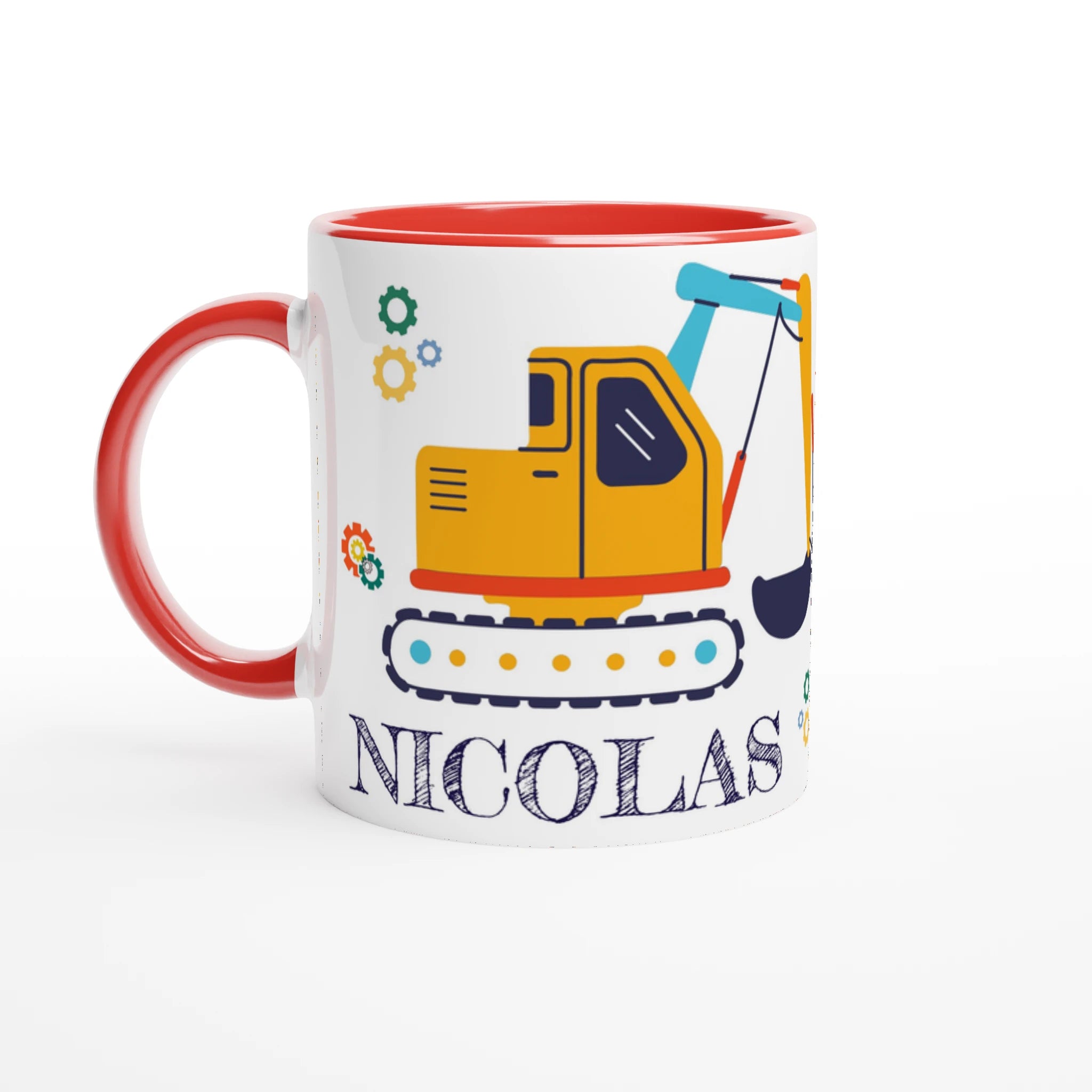Mug personnalisé avec tracteur, pelleteuse et routes en dessin détaillé, intérieur rouge, parfait pour un cadeau unique et dynamique.