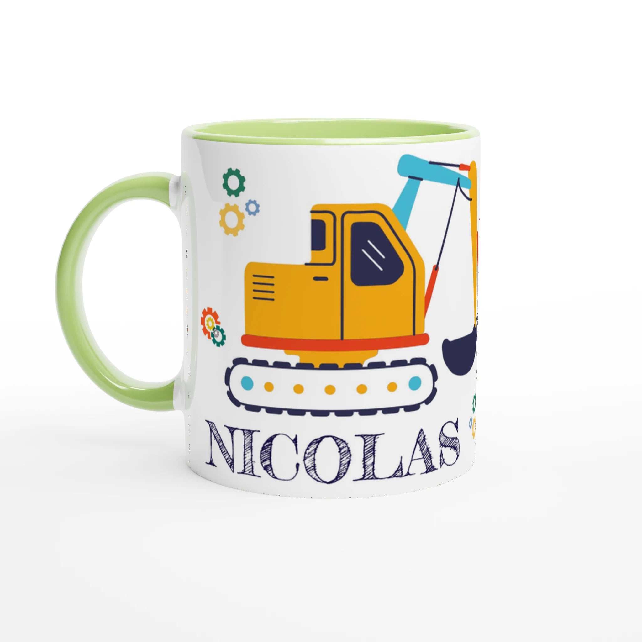 Tasse personnalisée avec grands véhicules de chantier et routes illustrées, intérieur vert, un cadeau original et éducatif.