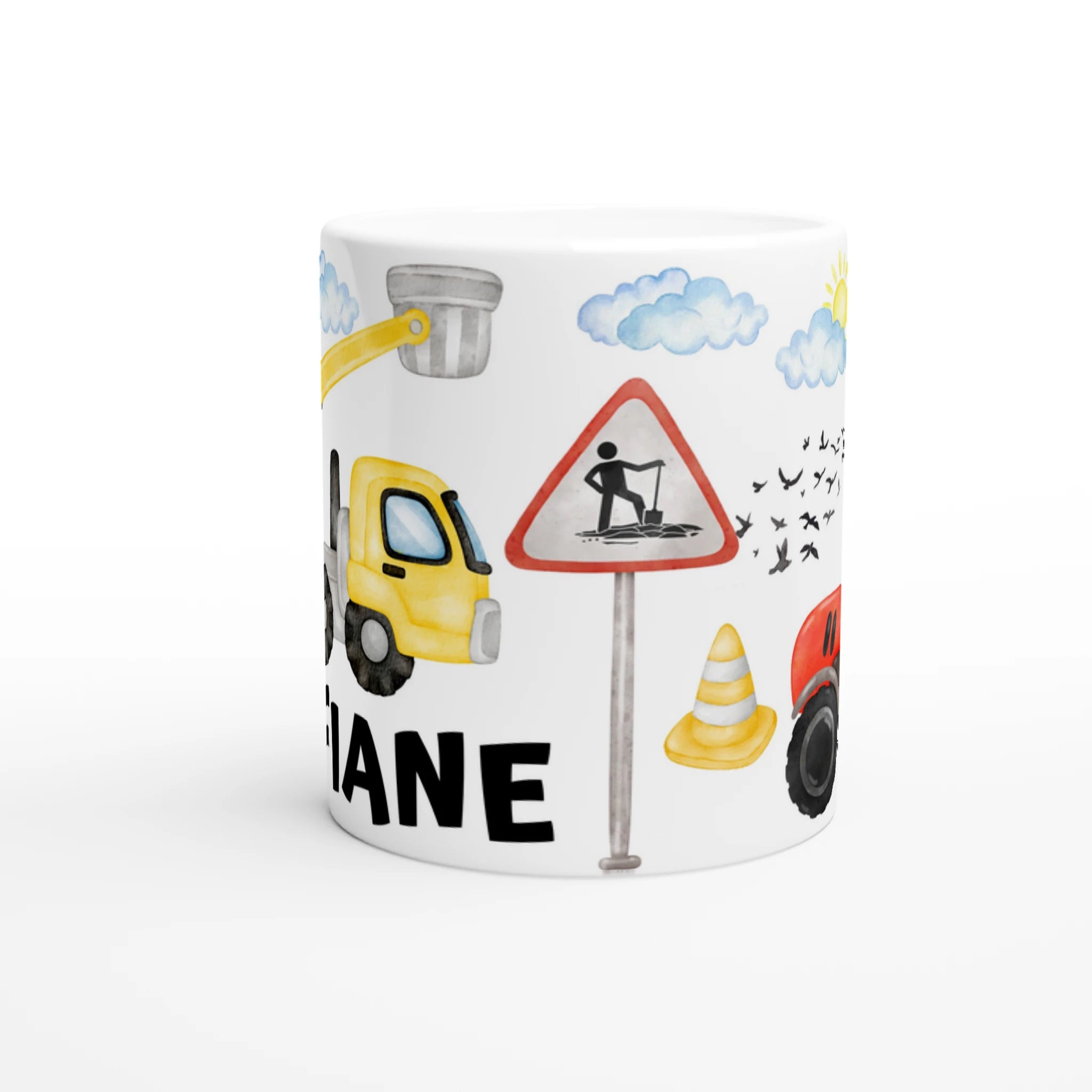Mug personnalisé tout blanc avec camions de chantier et tracteurs en aquarelle, parfait pour un cadeau ludique et original.