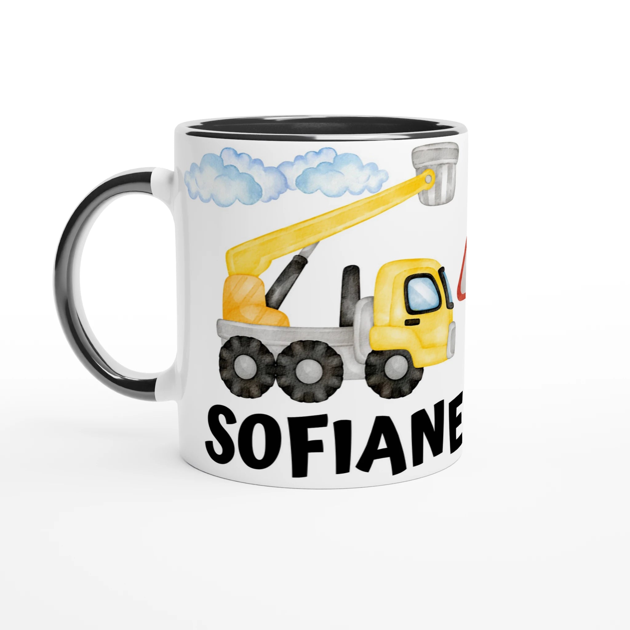 Mug personnalisé avec grue, tracteur et panneaux de signalisation, intérieur noir, pour une touche moderne et contrastée.