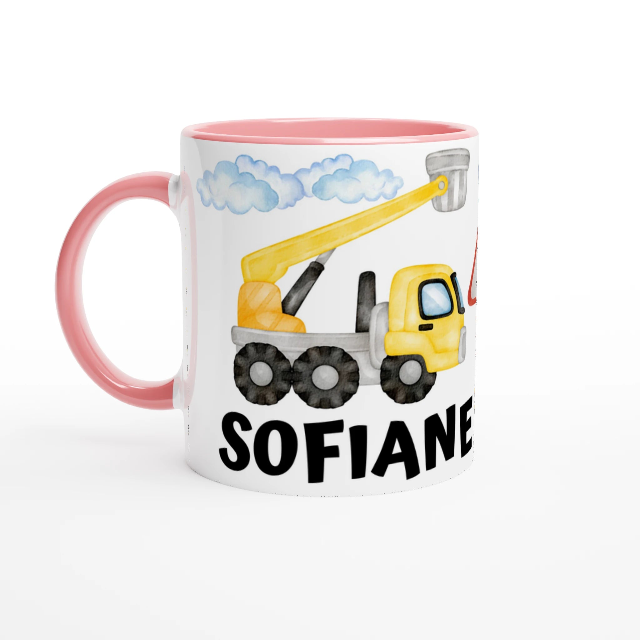 Tasse personnalisée avec pelleteuse et bulldozer en dessin aquarelle, intérieur rose, parfaite pour un cadeau tendre et amusant.