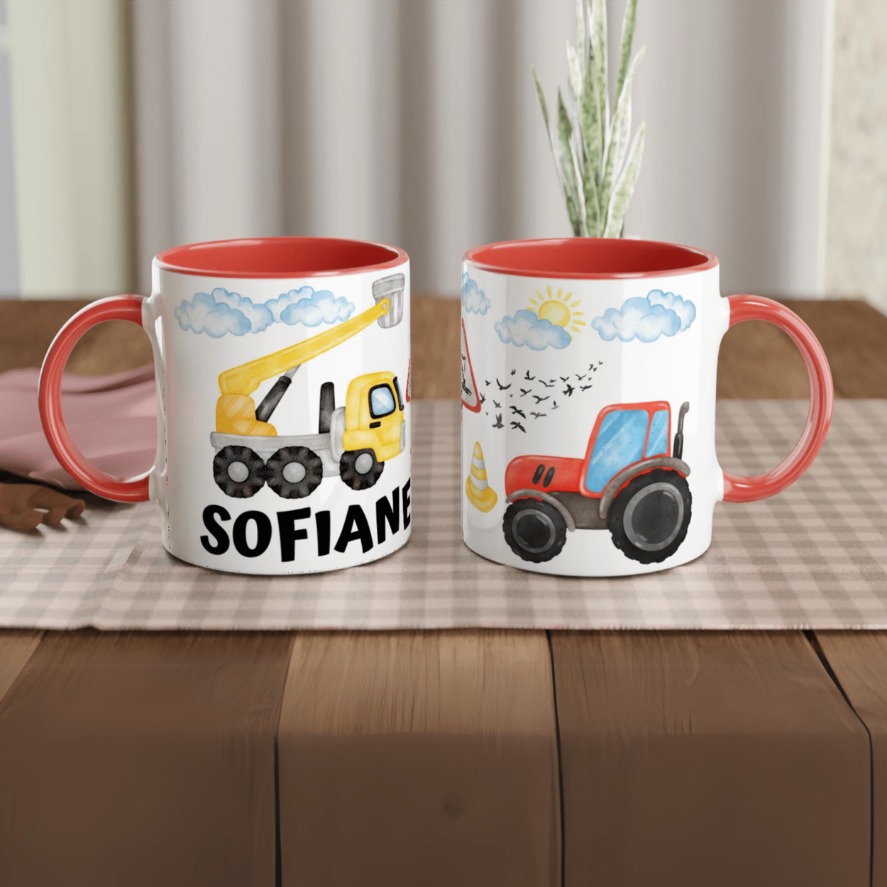 Mug personnalisé avec pelle mécanique et engins en aquarelle, intérieur rouge, idéal pour un cadeau unique et captivant.