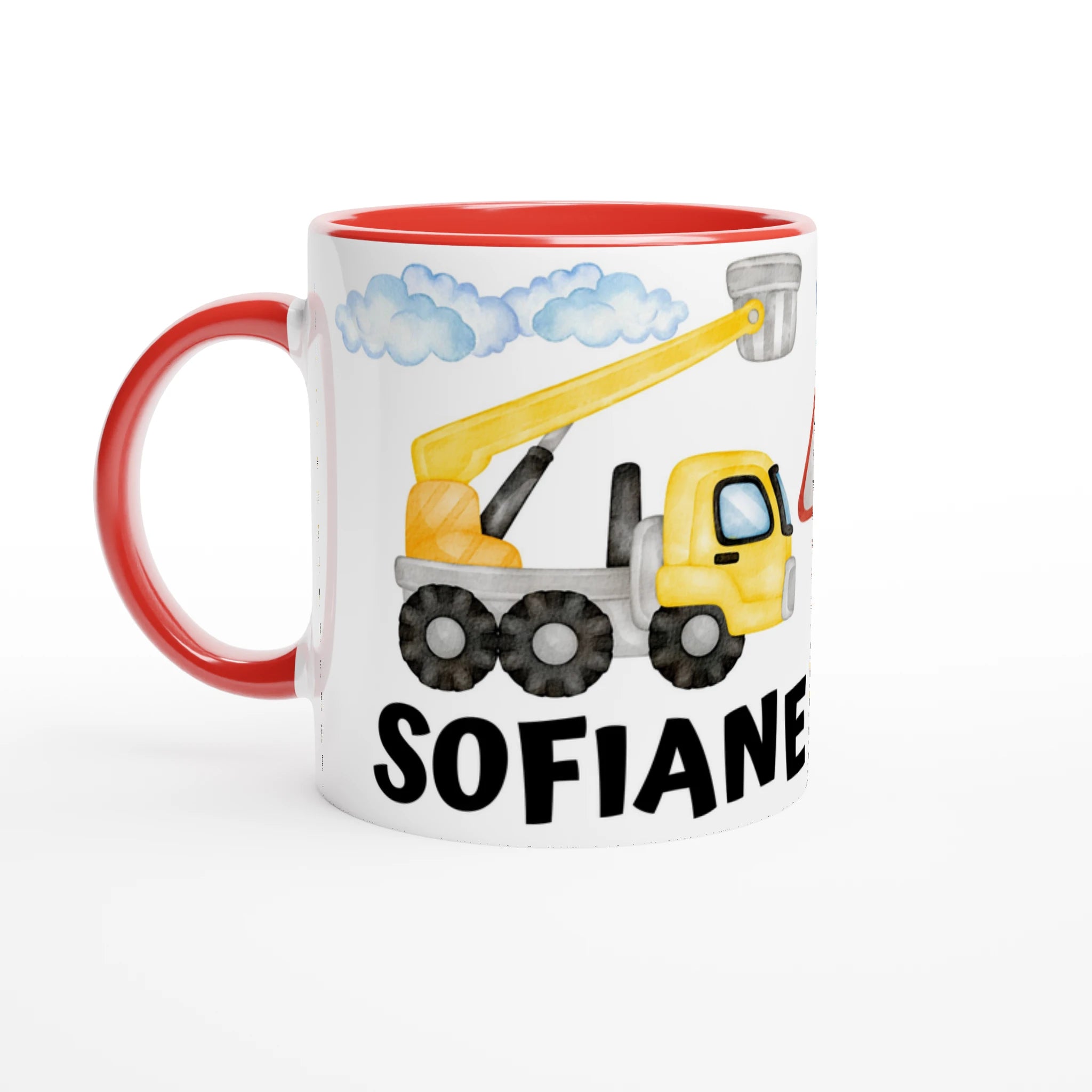 Mug personnalisé avec pelle mécanique et engins en aquarelle, intérieur rouge, idéal pour un cadeau unique et captivant.