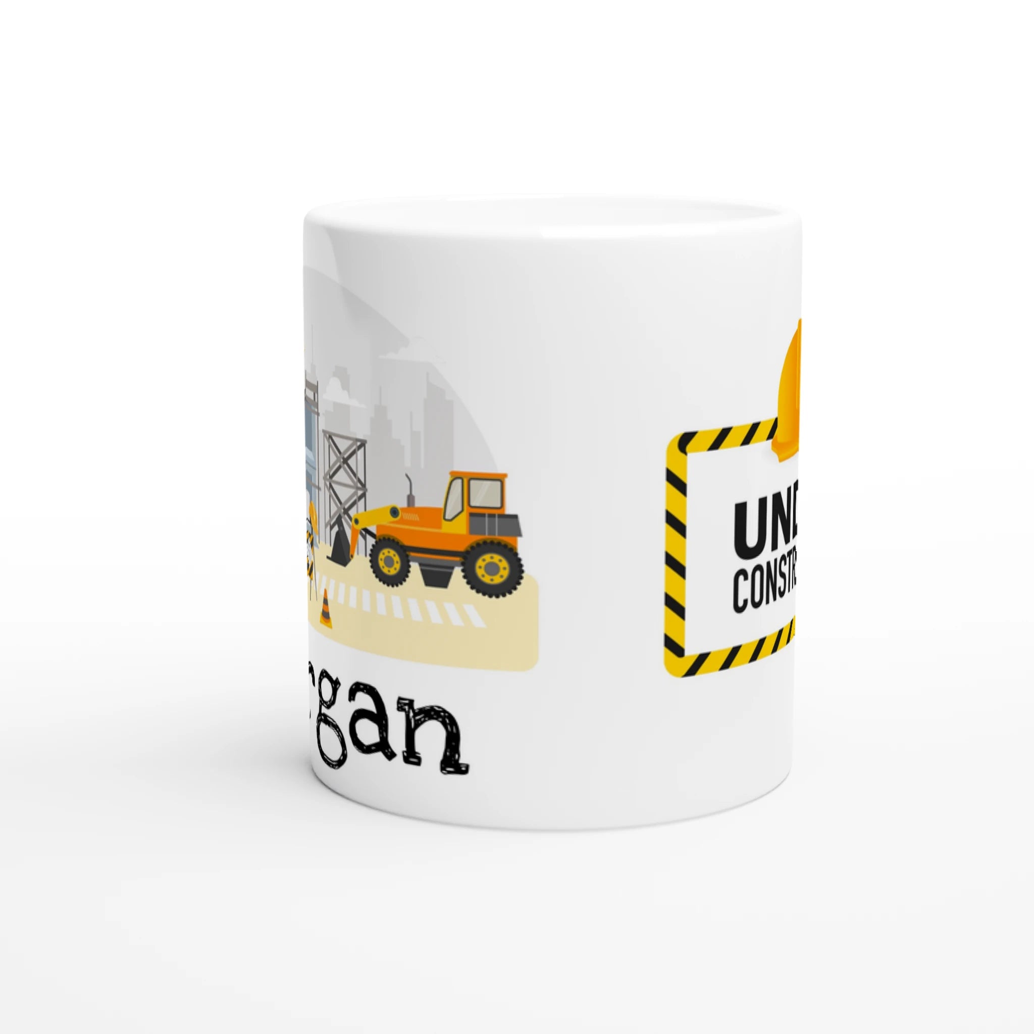 Mug personnalisé tout blanc avec chantier de construction et panneau "Under Construction", parfait pour un cadeau amusant et original.