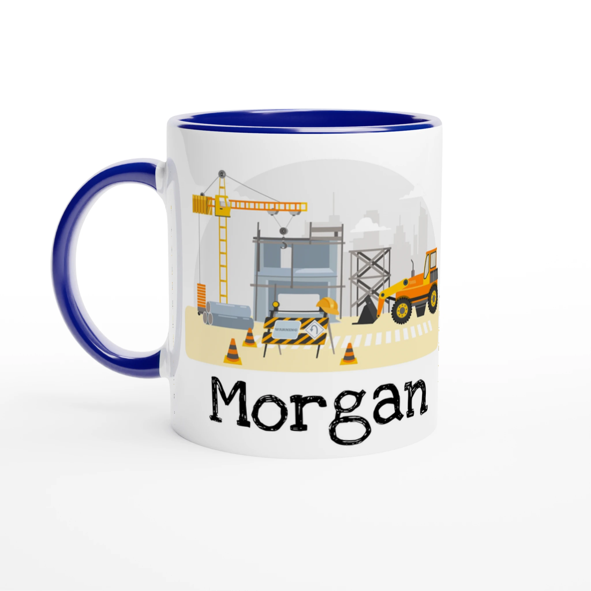 Mug personnalisé avec grands travaux et décor détaillé, intérieur bleu, idéal pour les petits fans de chantiers.