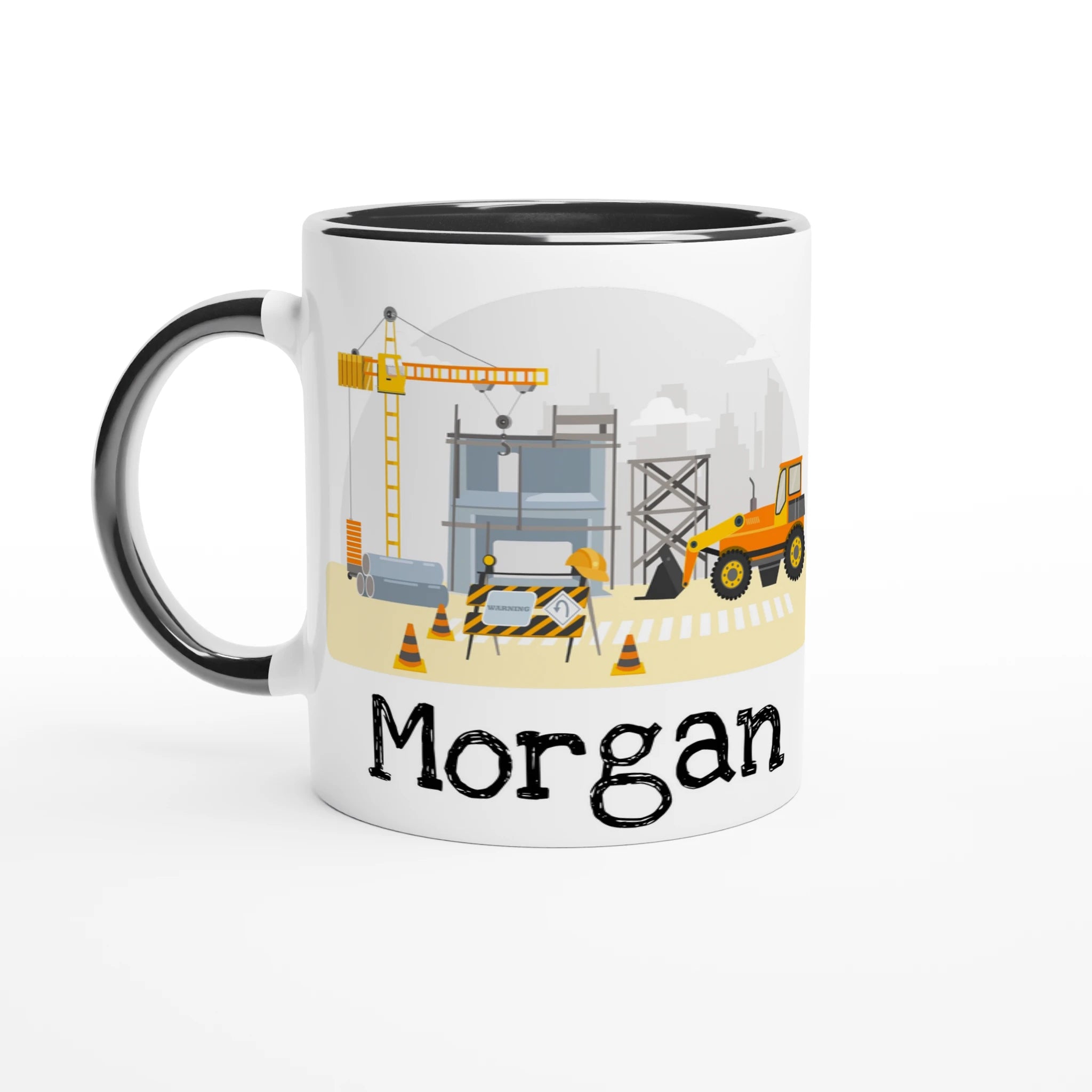 Mug personnalisé avec chantier, grues et panneaux de signalisation, intérieur noir, parfait pour un cadeau moderne et unique.