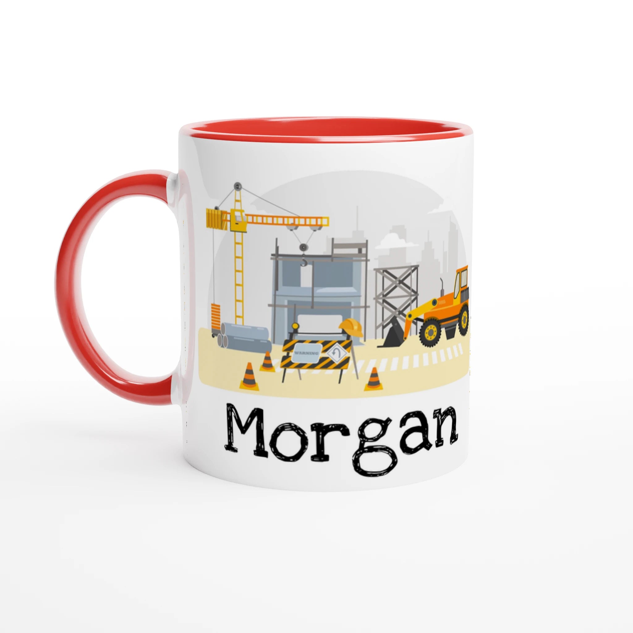 Mug personnalisé avec éléments de chantier et panneaux de sécurité, intérieur rouge, parfait pour un cadeau énergique et captivant.