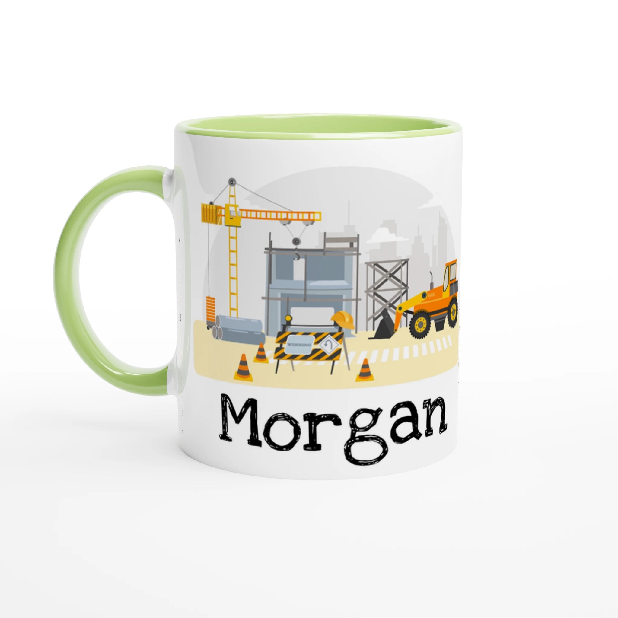 Tasse personnalisée avec illustrations de pelleteuses et routes, intérieur vert, un cadeau original et éducatif.