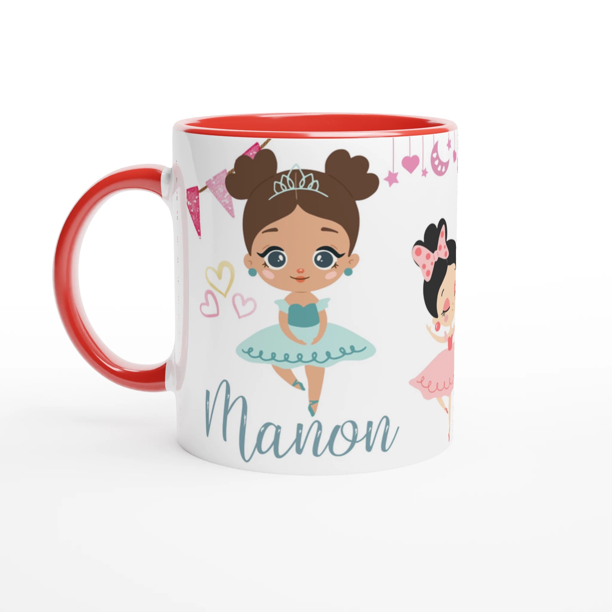 Tasse personnalisée avec prénom, design danseuse en robe bleue et décor festif, intérieur rouge, idéale pour les petites danseuses.