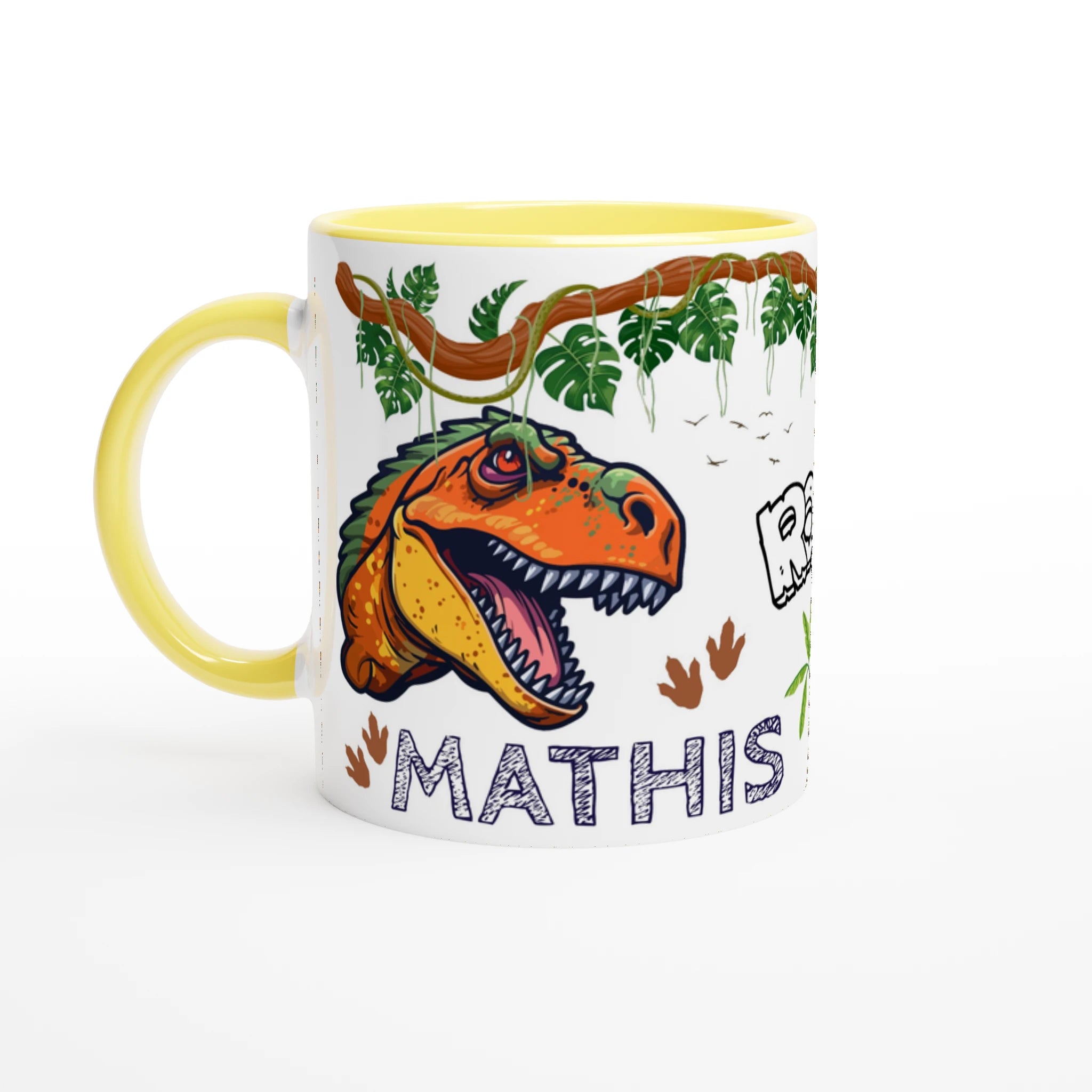 Mug personnalisé avec motif dinosaure T-Rex, intérieur vert, cadeau idéal pour enfant.