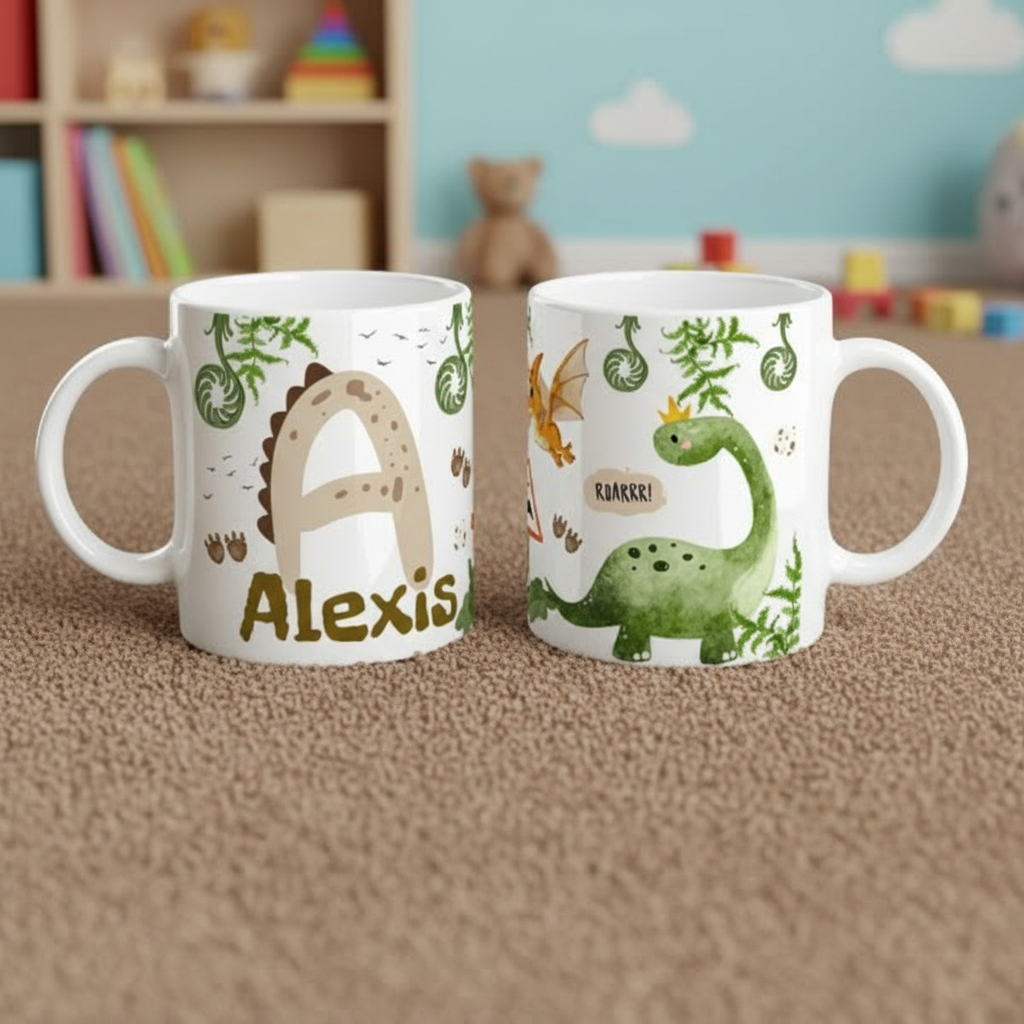 Mug enfant personnalisé avec lettre décorative et illustration dinosaure