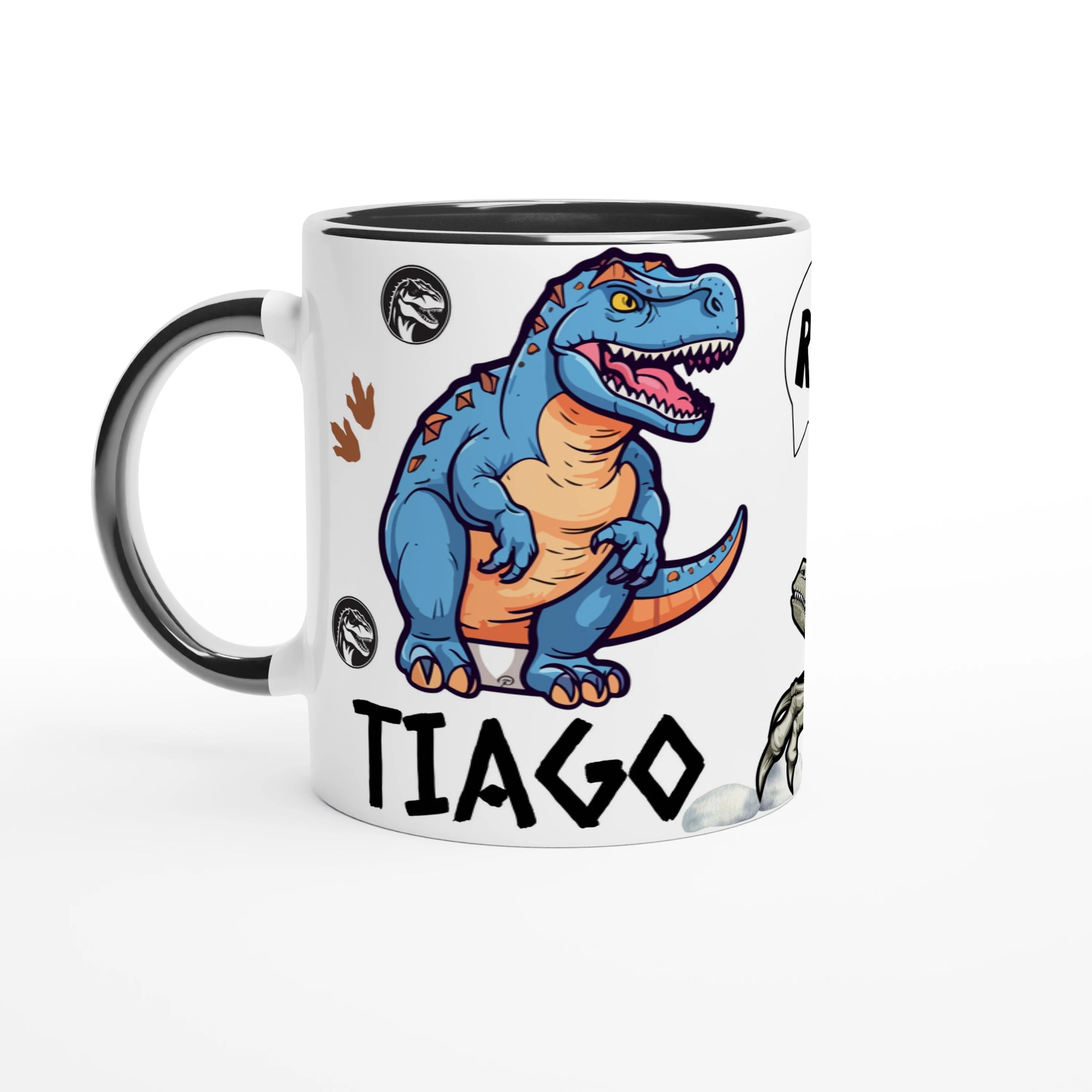 Mug personnalisé dinosaure T-Rex avec prénom, intérieur noir, cadeau unique pour les amateurs de dinosaures.