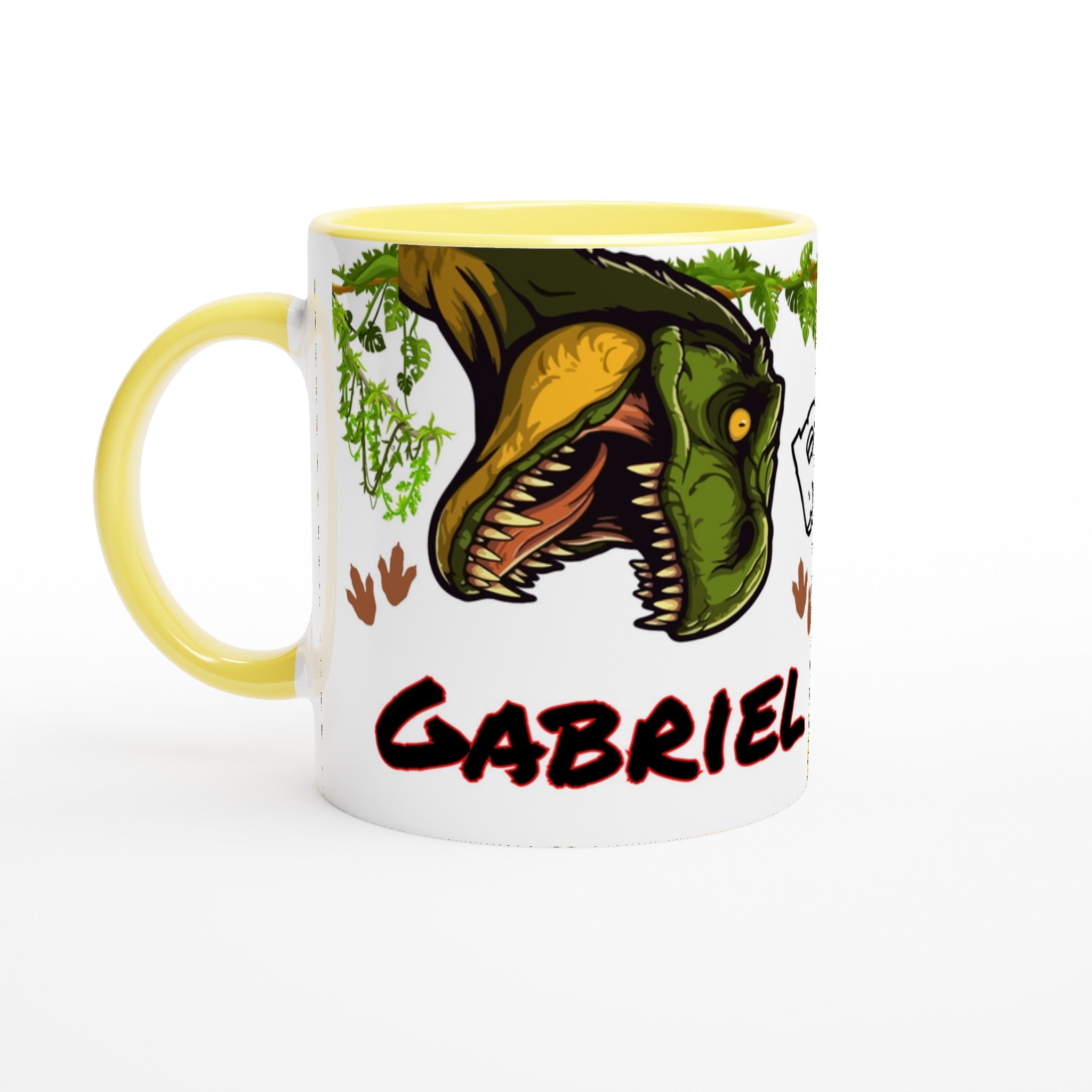 Mug dinosaure avec prénom personnalisé, intérieur jaune, idéal pour les amateurs de dinosaures. Cadeau unique pour enfant ou fan de T-Rex